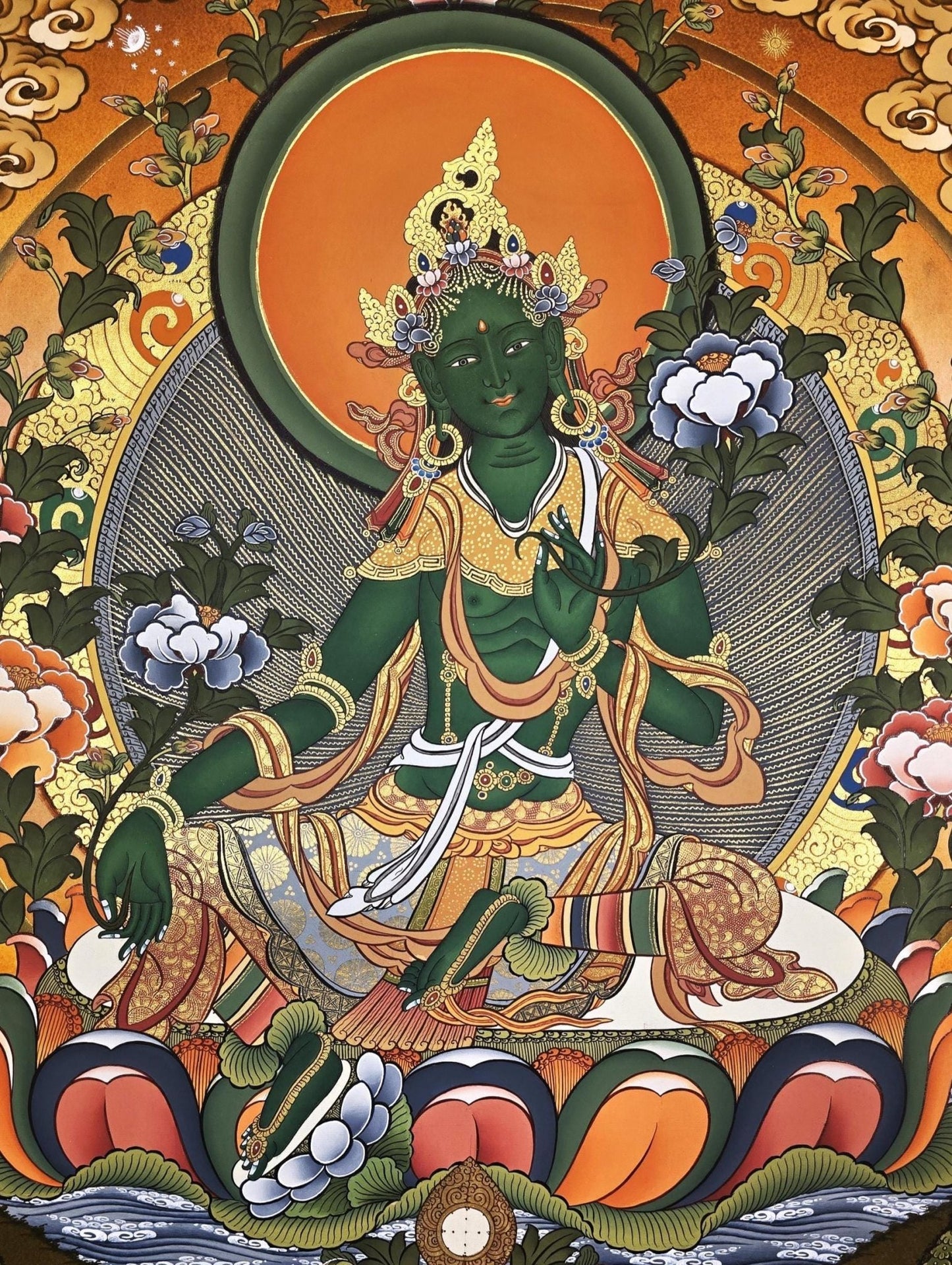 Hand - Painted Original Green Tara Thangka – Tibetan Masterpiece for Meditation, Compassion, and Wall Hanging – Sacred Art from Nepal - Tibetan Thangka Art