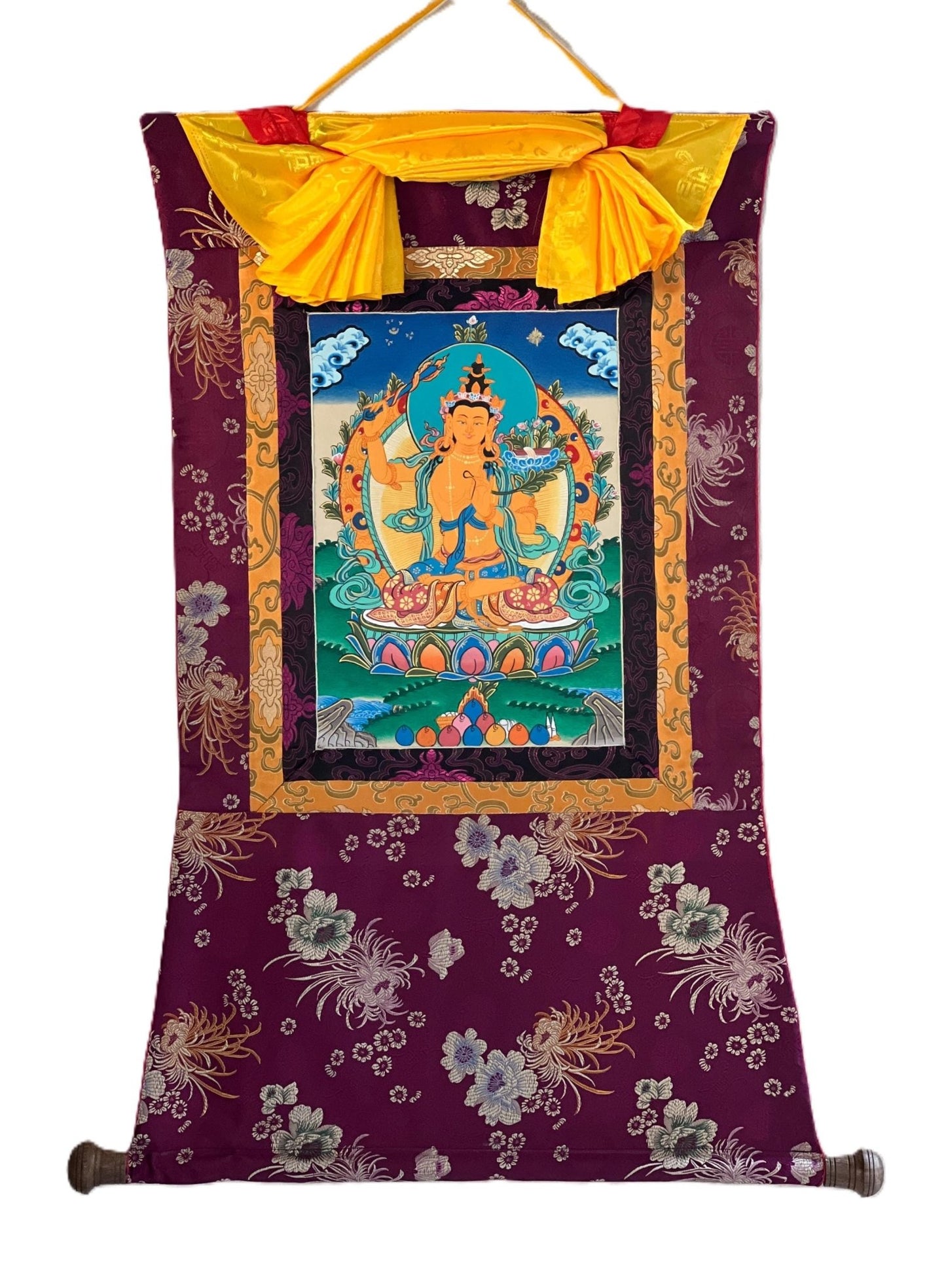 Hand - painted Original Manjushree/ Manjushri/ JAMPELYANG/ God OF Wisdom Tibetan Thanka / Thangka Painting with Premium Quality Silk Brocade - Tibetan Thangka Art