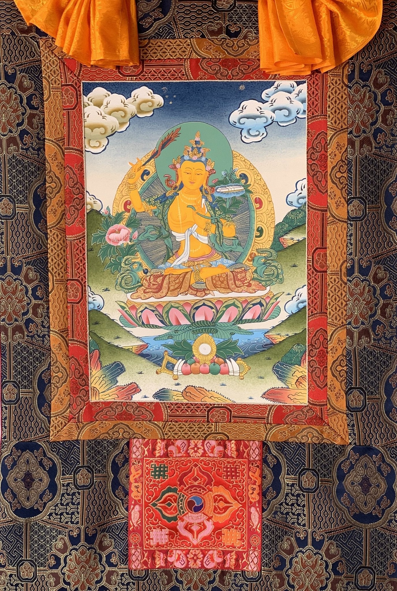 Hand painted Original Master Quality Manjushree / Jampelyang/ God Of Wisdom Tibetan Thanka / Thangka / Painting With Silk Brocade - Tibetan Thangka Art