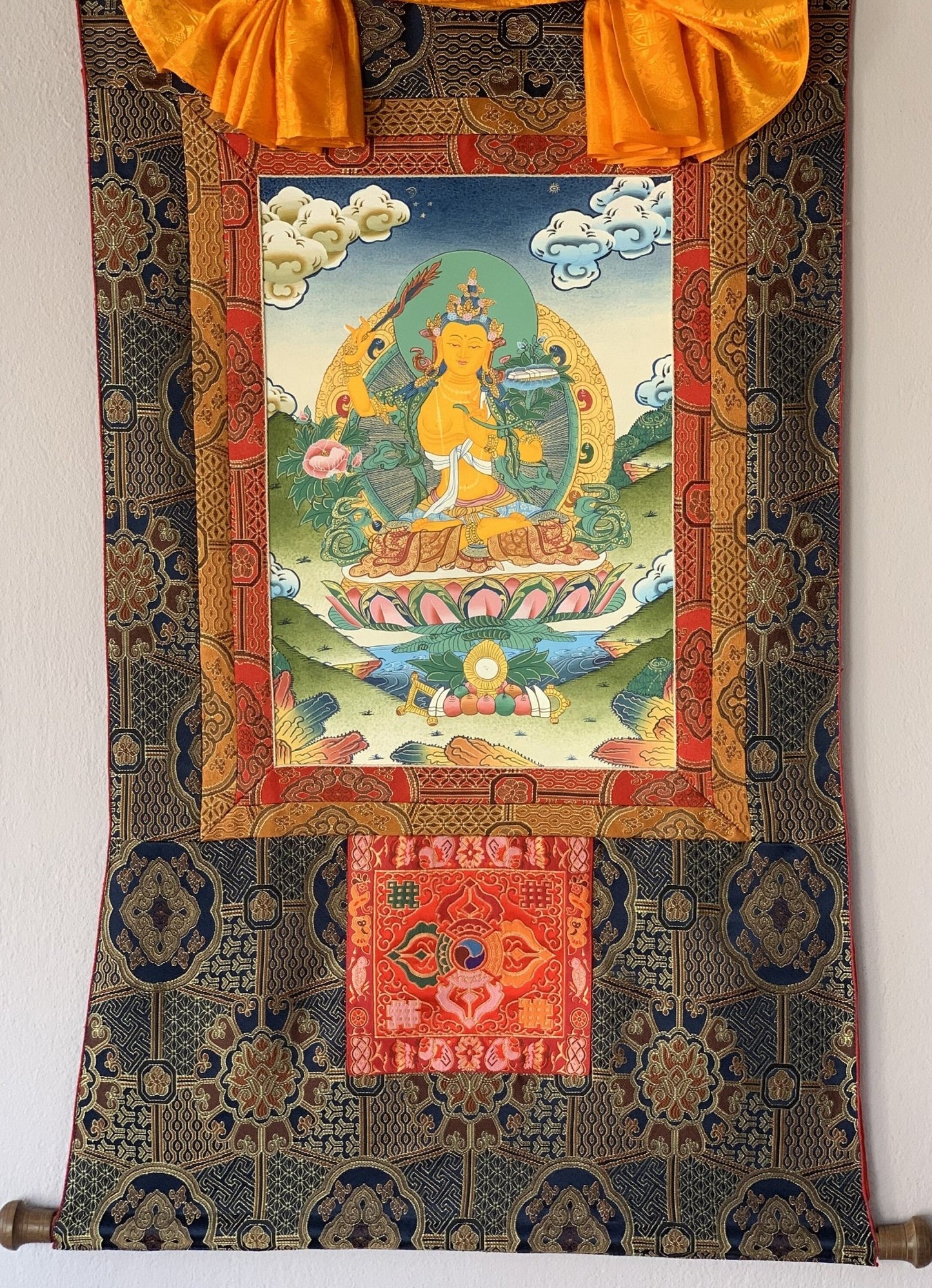 Hand painted Original Master Quality Manjushree / Jampelyang/ God Of Wisdom Tibetan Thanka / Thangka / Painting With Silk Brocade - Tibetan Thangka Art