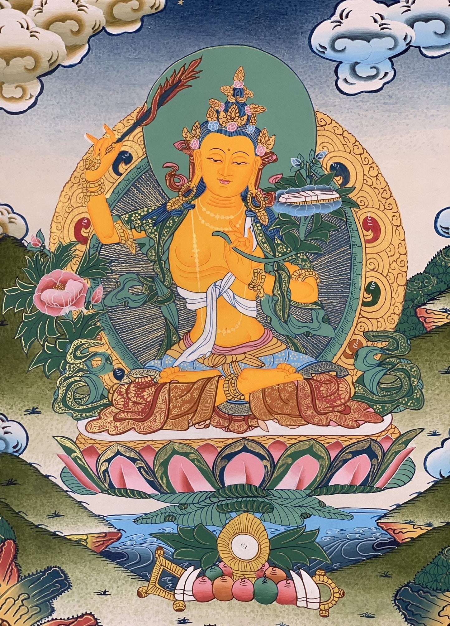 Hand painted Original Master Quality Manjushree / Jampelyang/ God Of Wisdom Tibetan Thanka / Thangka / Painting With Silk Brocade - Tibetan Thangka Art