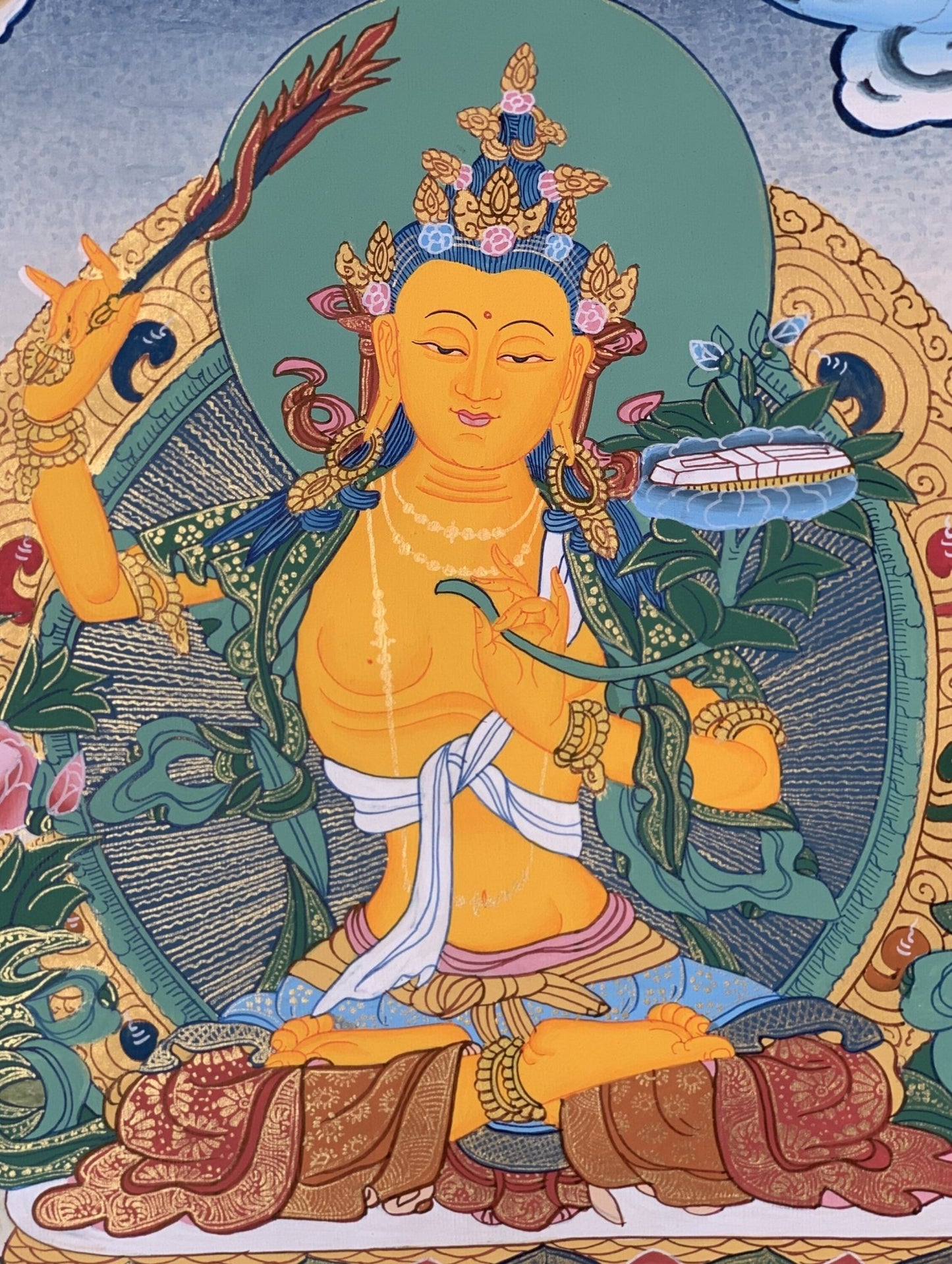 Hand painted Original Master Quality Manjushree / Jampelyang/ God Of Wisdom Tibetan Thanka / Thangka / Painting With Silk Brocade - Tibetan Thangka Art