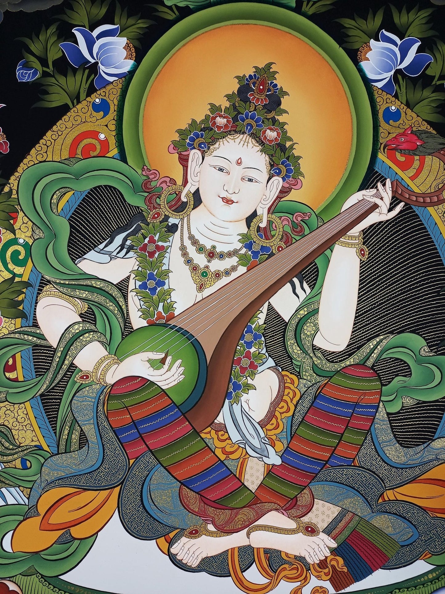 Hand - painted Original Saraswati Masterpiece 24K Gold Thangka Wall Hanging Meditation Compassion Tibetan Thangka/ Thanka Painting From Nepal - Tibetan Thangka Art
