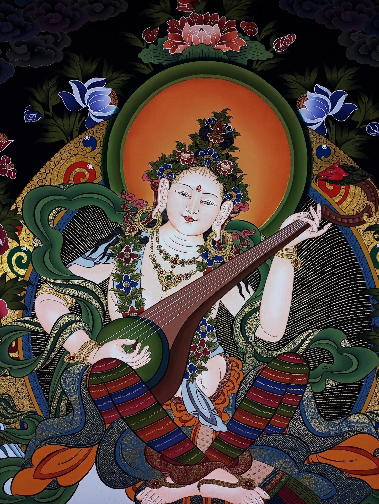 Hand - painted Original Saraswati Masterpiece 24K Gold Thangka Wall Hanging Meditation Compassion Tibetan Thangka/ Thanka Painting From Nepal - Tibetan Thangka Art