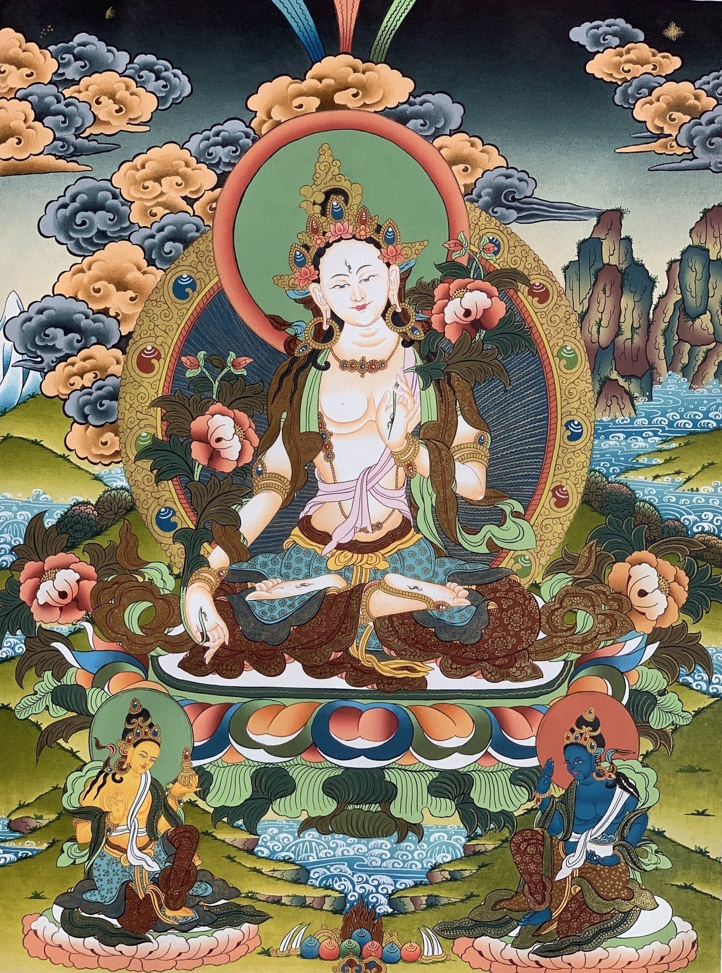 Hand painted Original White Tara / Mother Goddess, Masterpiece Tibetan Thanka / Thangka Painting Compassion Meditation Art From Nepal - Tibetan Thangka Art