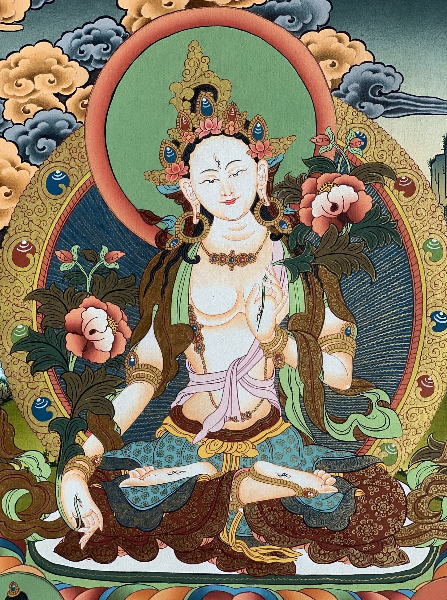 Hand painted Original White Tara / Mother Goddess, Masterpiece Tibetan Thanka / Thangka Painting Compassion Meditation Art From Nepal - Tibetan Thangka Art