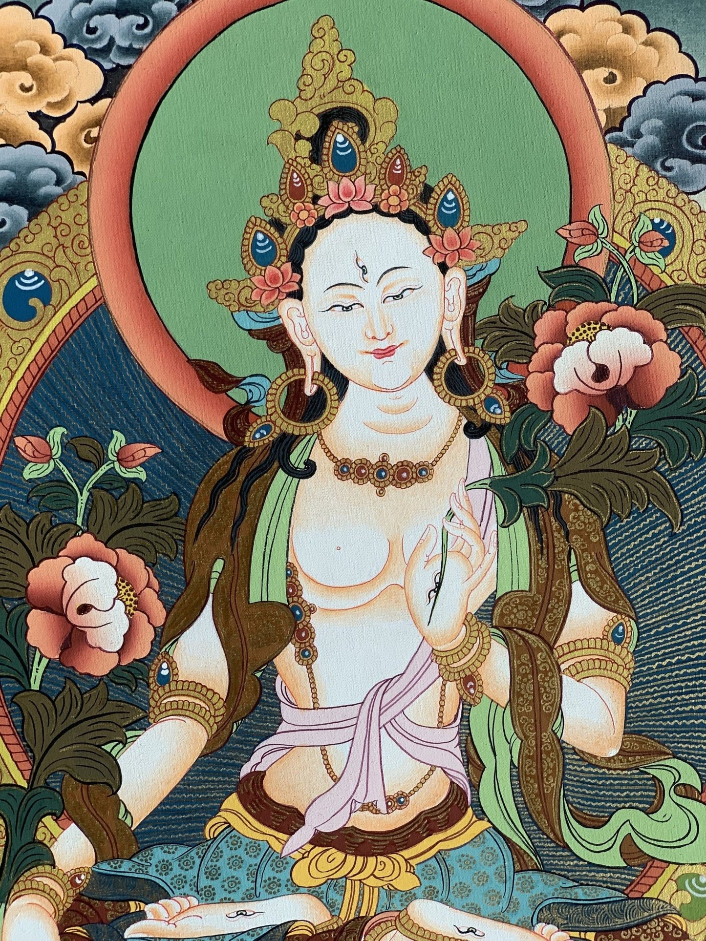 Hand painted Original White Tara / Mother Goddess, Masterpiece Tibetan Thanka / Thangka Painting Compassion Meditation Art From Nepal - Tibetan Thangka Art