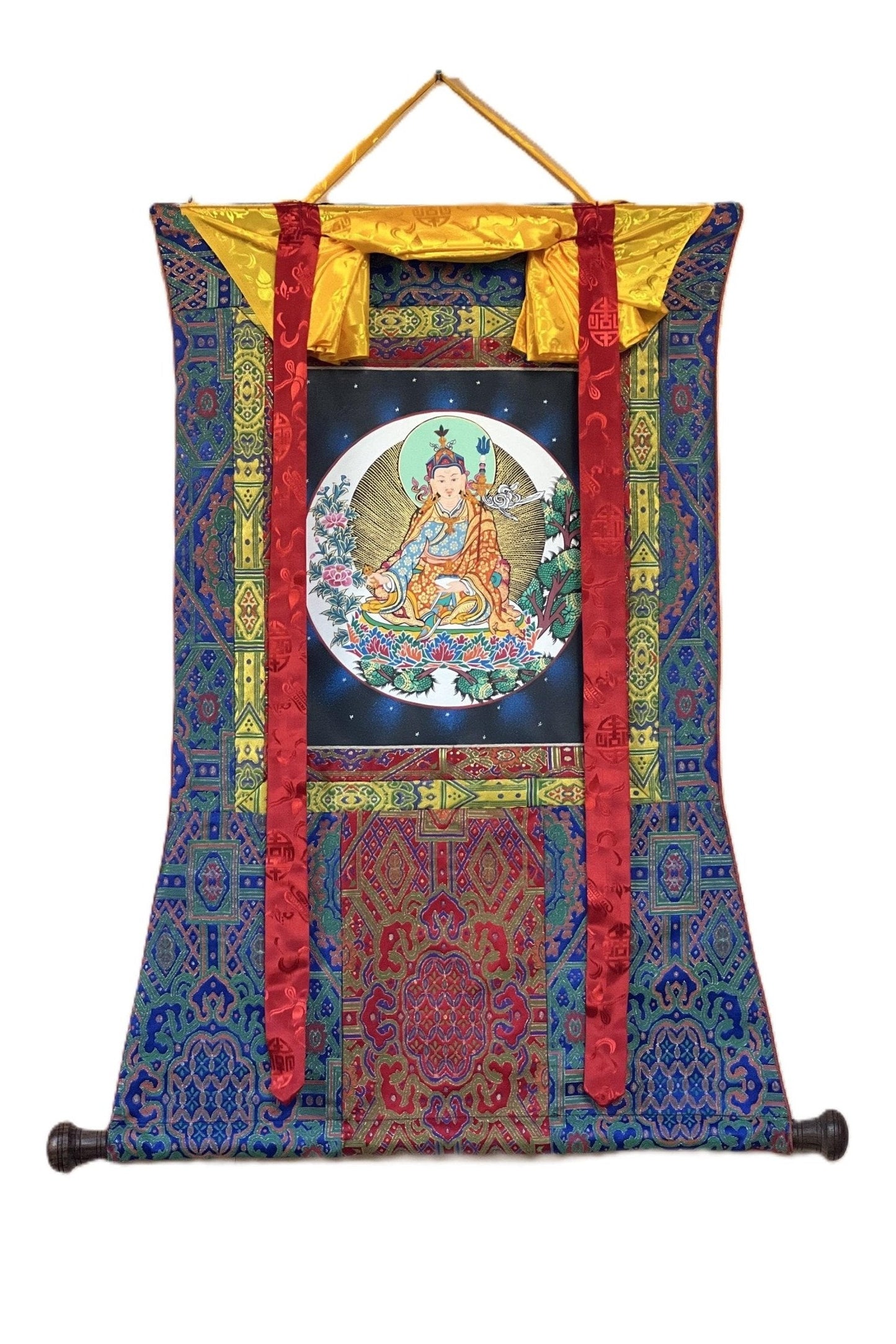 Hand Painted Padmasambhava/ Guru Rinpoche Tibetan Thangka Painting Original Art with High - Quality Silk Brocade - Tibetan Thangka Art