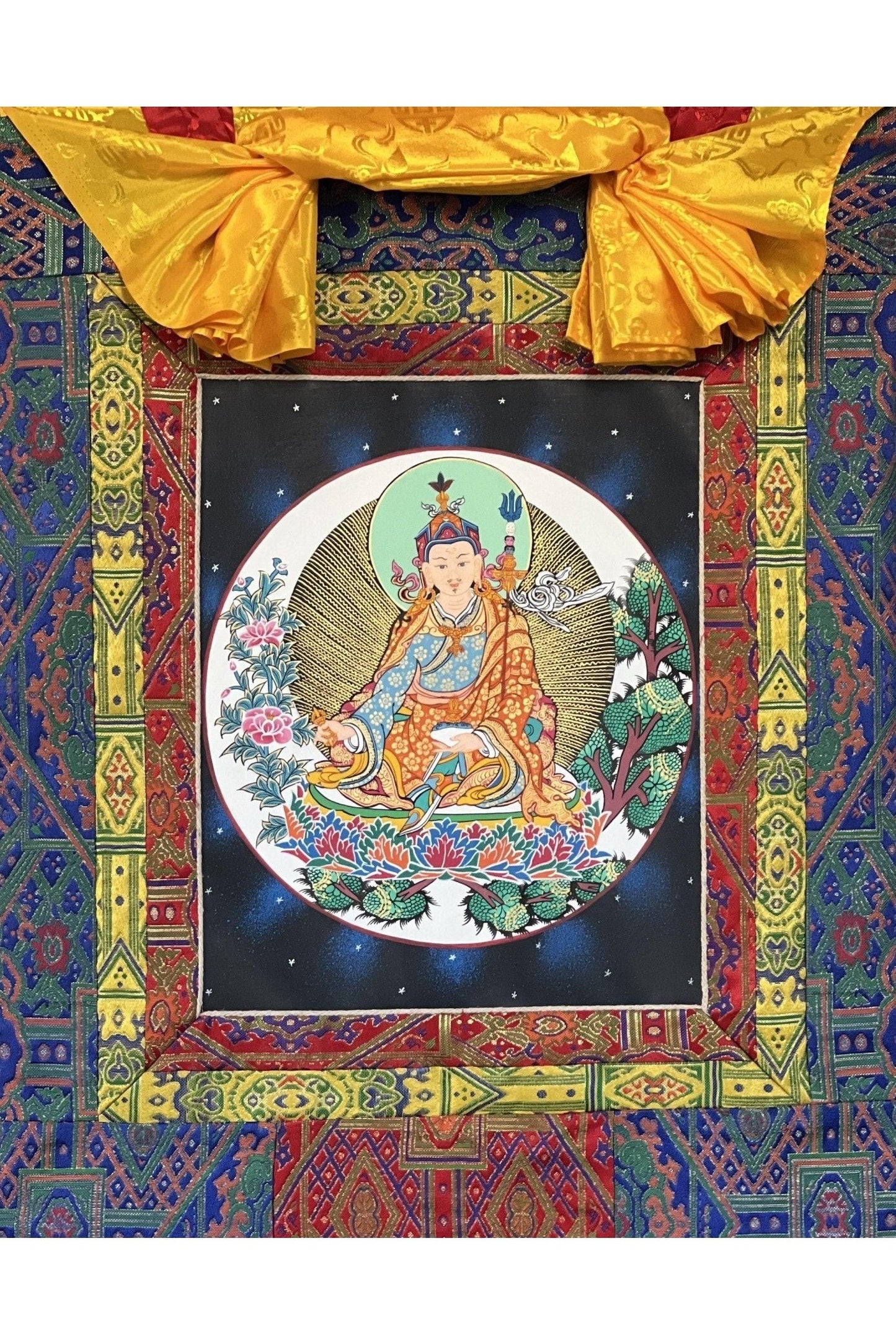Hand Painted Padmasambhava/ Guru Rinpoche Tibetan Thangka Painting Original Art with High - Quality Silk Brocade - Tibetan Thangka Art