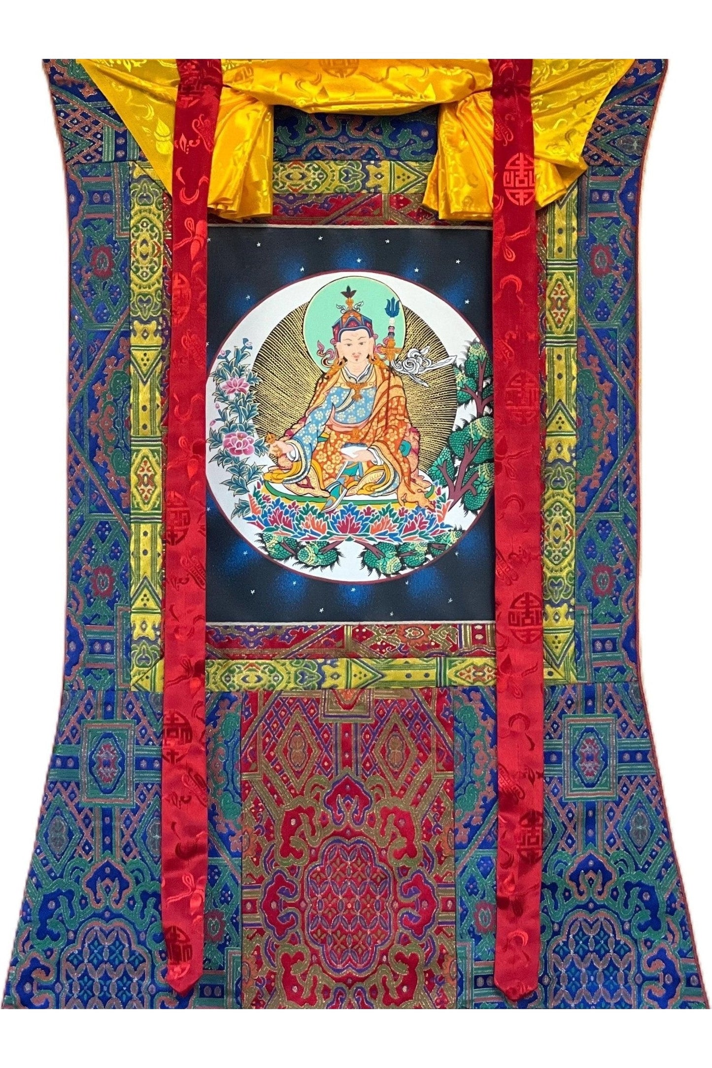 Hand Painted Padmasambhava/ Guru Rinpoche Tibetan Thangka Painting Original Art with High - Quality Silk Brocade - Tibetan Thangka Art