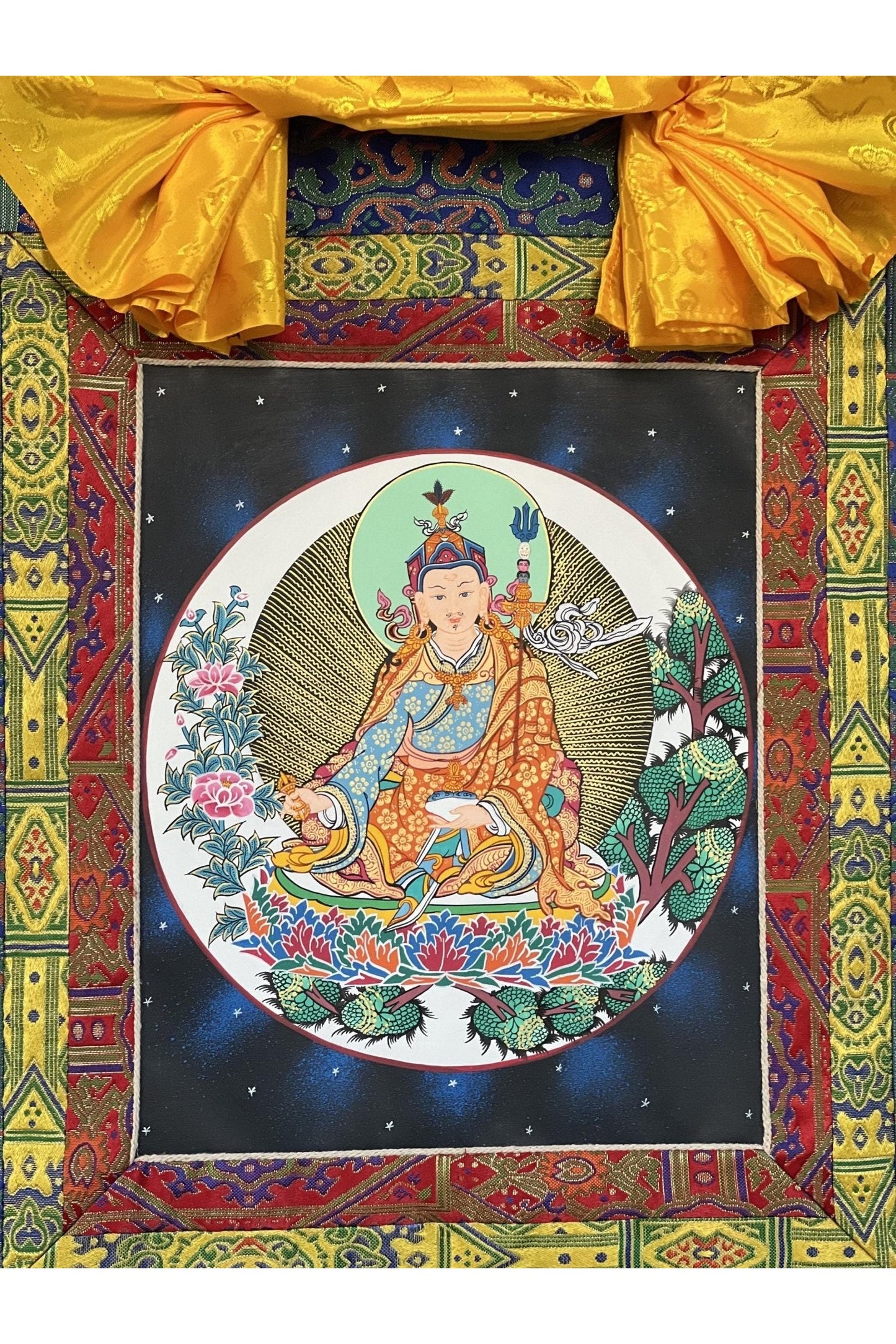Hand Painted Padmasambhava/ Guru Rinpoche Tibetan Thangka Painting Original Art with High - Quality Silk Brocade - Tibetan Thangka Art
