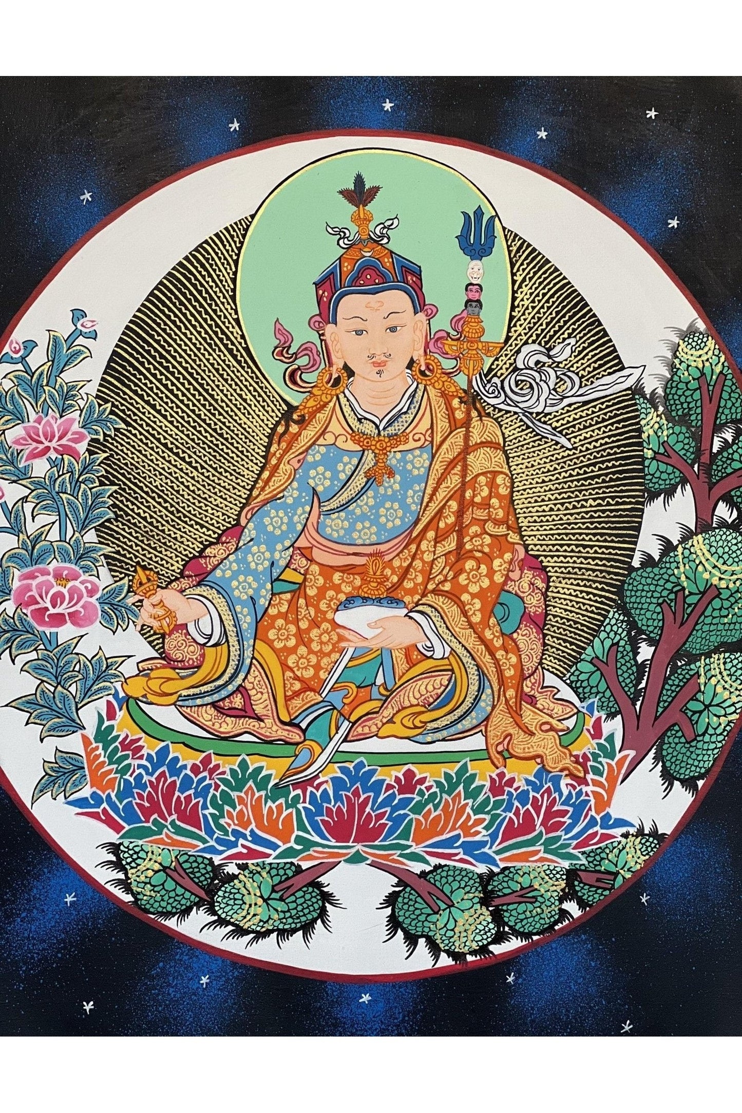 Hand Painted Padmasambhava/ Guru Rinpoche Tibetan Thangka Painting Original Art with High - Quality Silk Brocade - Tibetan Thangka Art