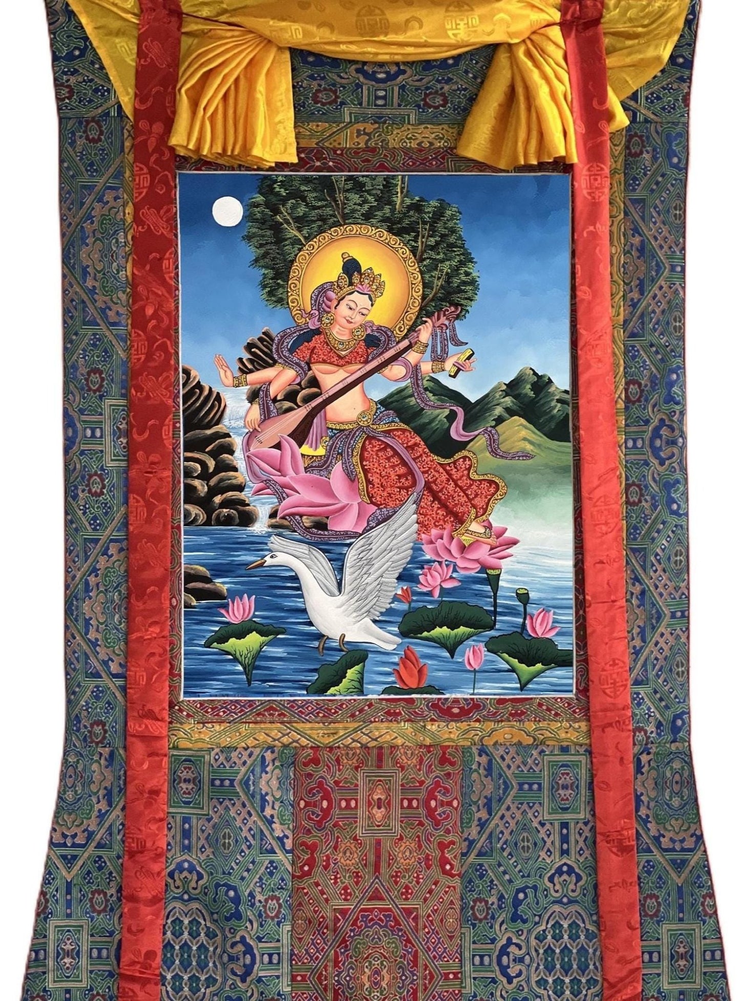 Hand - Painted Saraswati ( Sarasvati ) Thangka | Newari Paubha Art | Goddess of Learning, Music and Art | Luxury Silk Brocade Mount - Tibetan Thangka Art