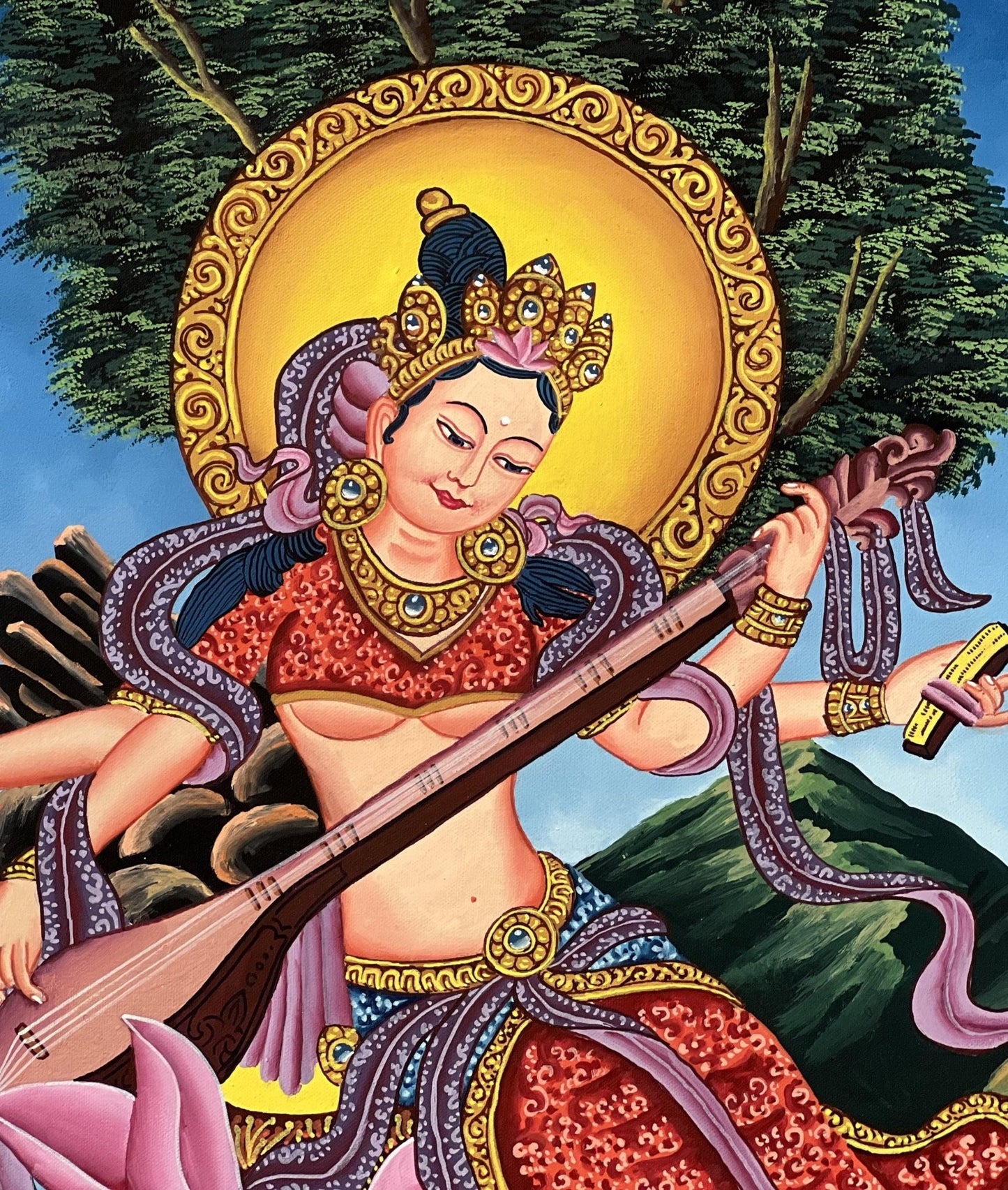 Hand - Painted Saraswati ( Sarasvati ) Thangka | Newari Paubha Art | Goddess of Learning, Music and Art | Luxury Silk Brocade Mount - Tibetan Thangka Art