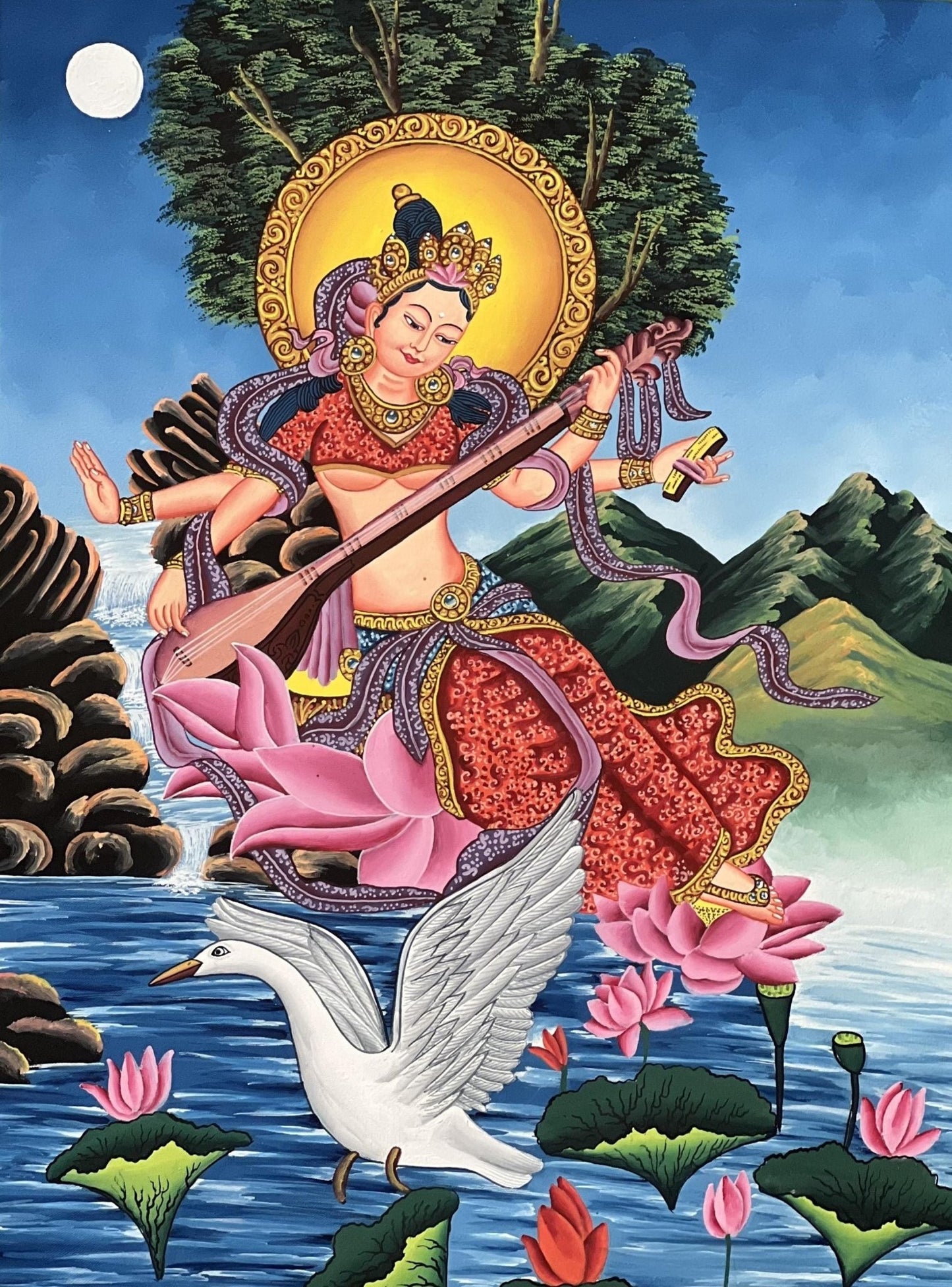 Hand - Painted Saraswati ( Sarasvati ) Thangka | Newari Paubha Art | Goddess of Learning, Music and Art | Luxury Silk Brocade Mount - Tibetan Thangka Art