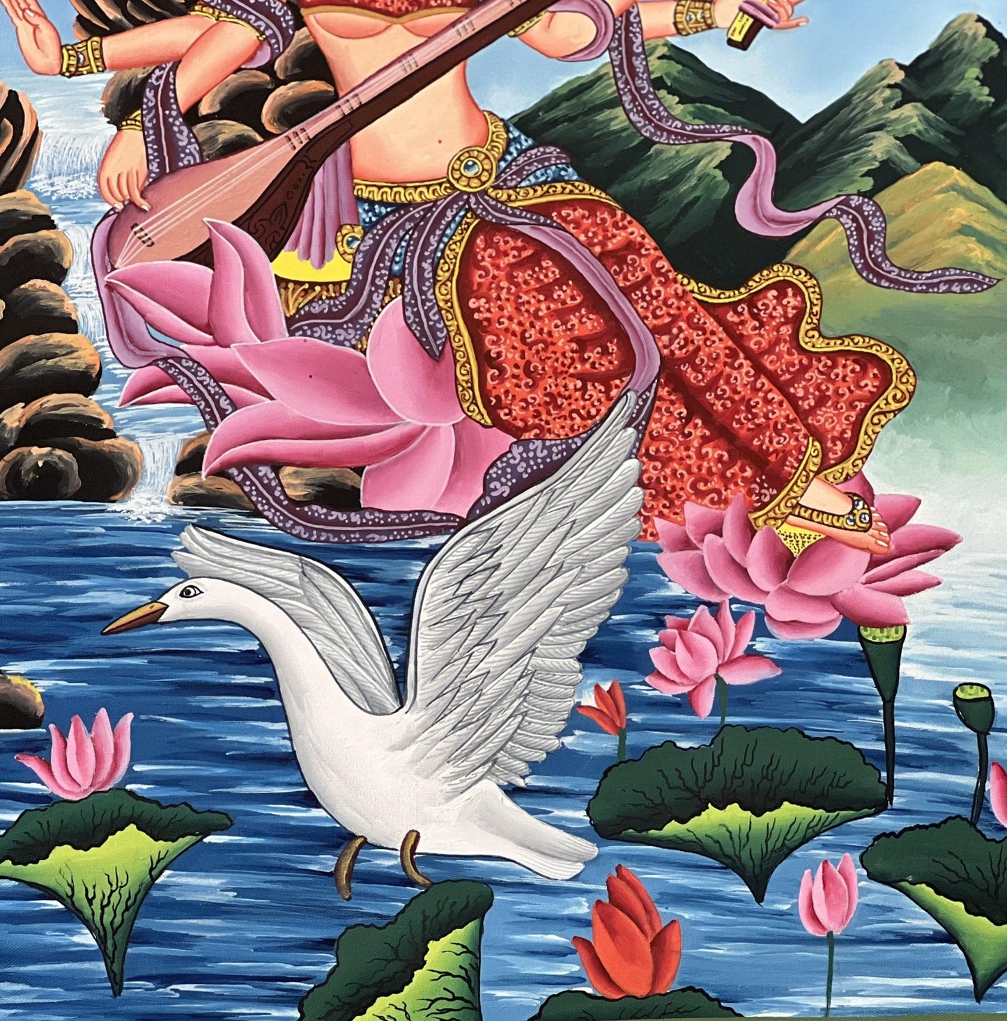 Hand - Painted Saraswati ( Sarasvati ) Thangka | Newari Paubha Art | Goddess of Learning, Music and Art | Luxury Silk Brocade Mount - Tibetan Thangka Art