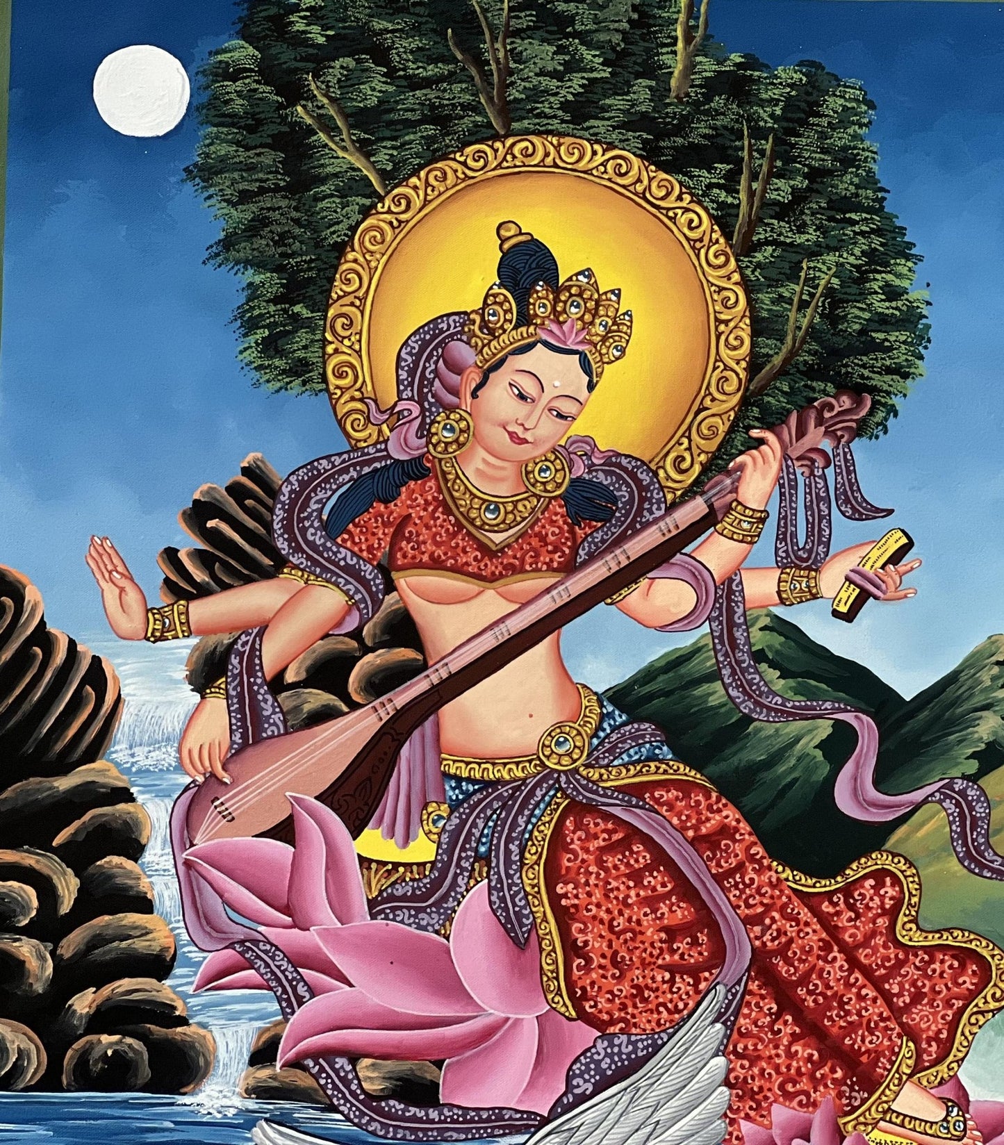 Hand - Painted Saraswati ( Sarasvati ) Thangka | Newari Paubha Art | Goddess of Learning, Music and Art | Luxury Silk Brocade Mount - Tibetan Thangka Art
