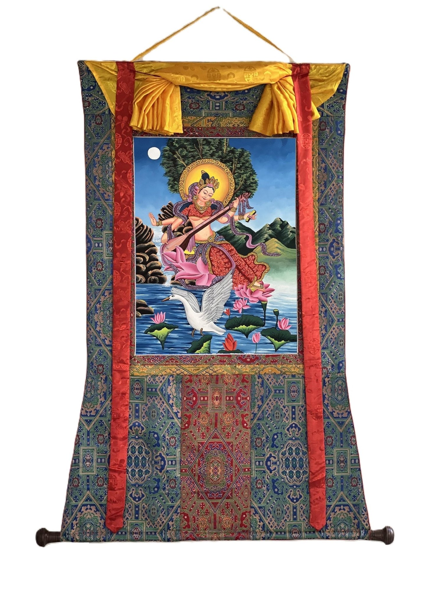 Hand - Painted Saraswati ( Sarasvati ) Thangka | Newari Paubha Art | Goddess of Learning, Music and Art | Luxury Silk Brocade Mount - Tibetan Thangka Art