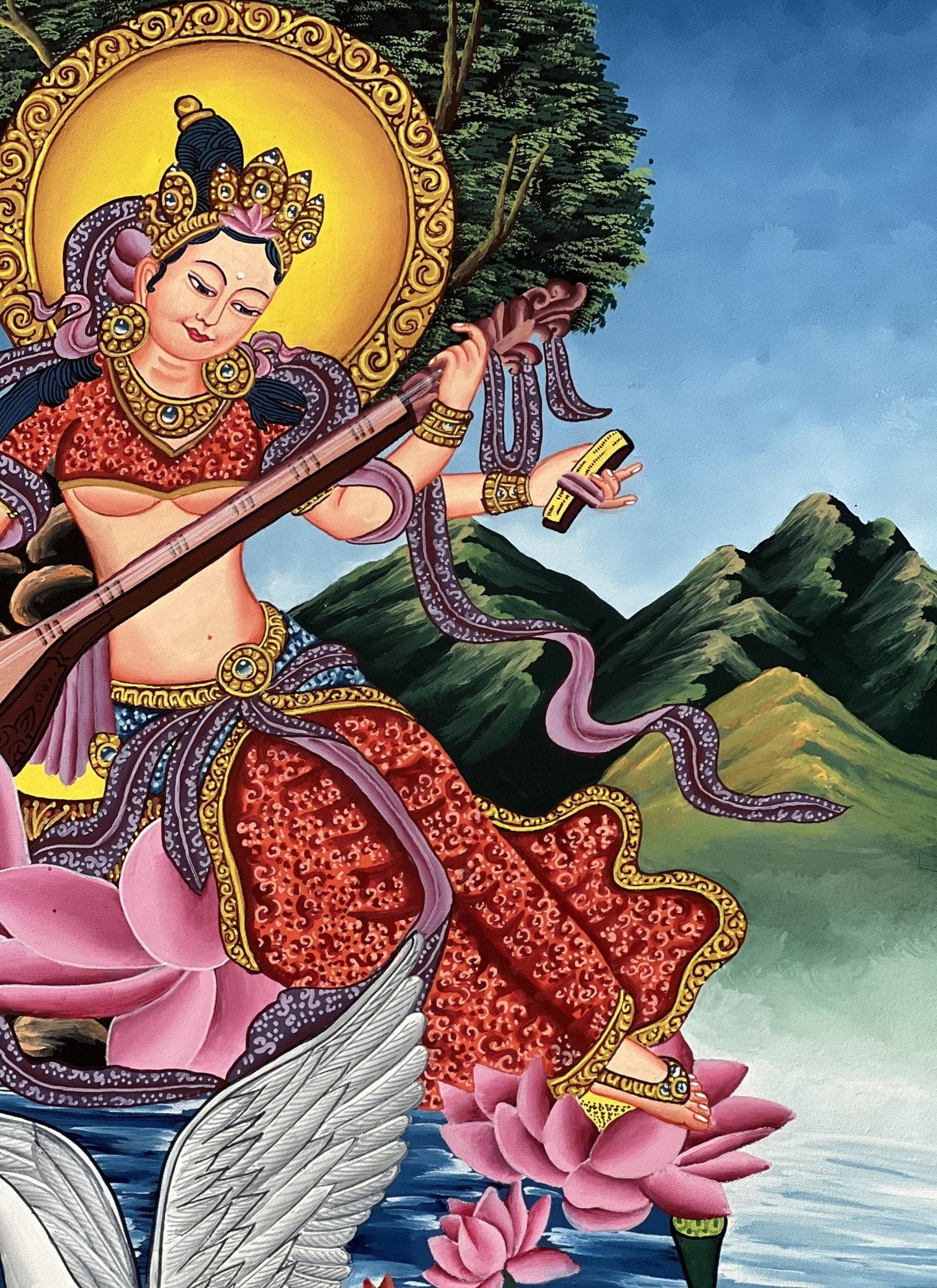 Hand - Painted Saraswati ( Sarasvati ) Thangka | Newari Paubha Art | Goddess of Learning, Music and Art | Luxury Silk Brocade Mount - Tibetan Thangka Art