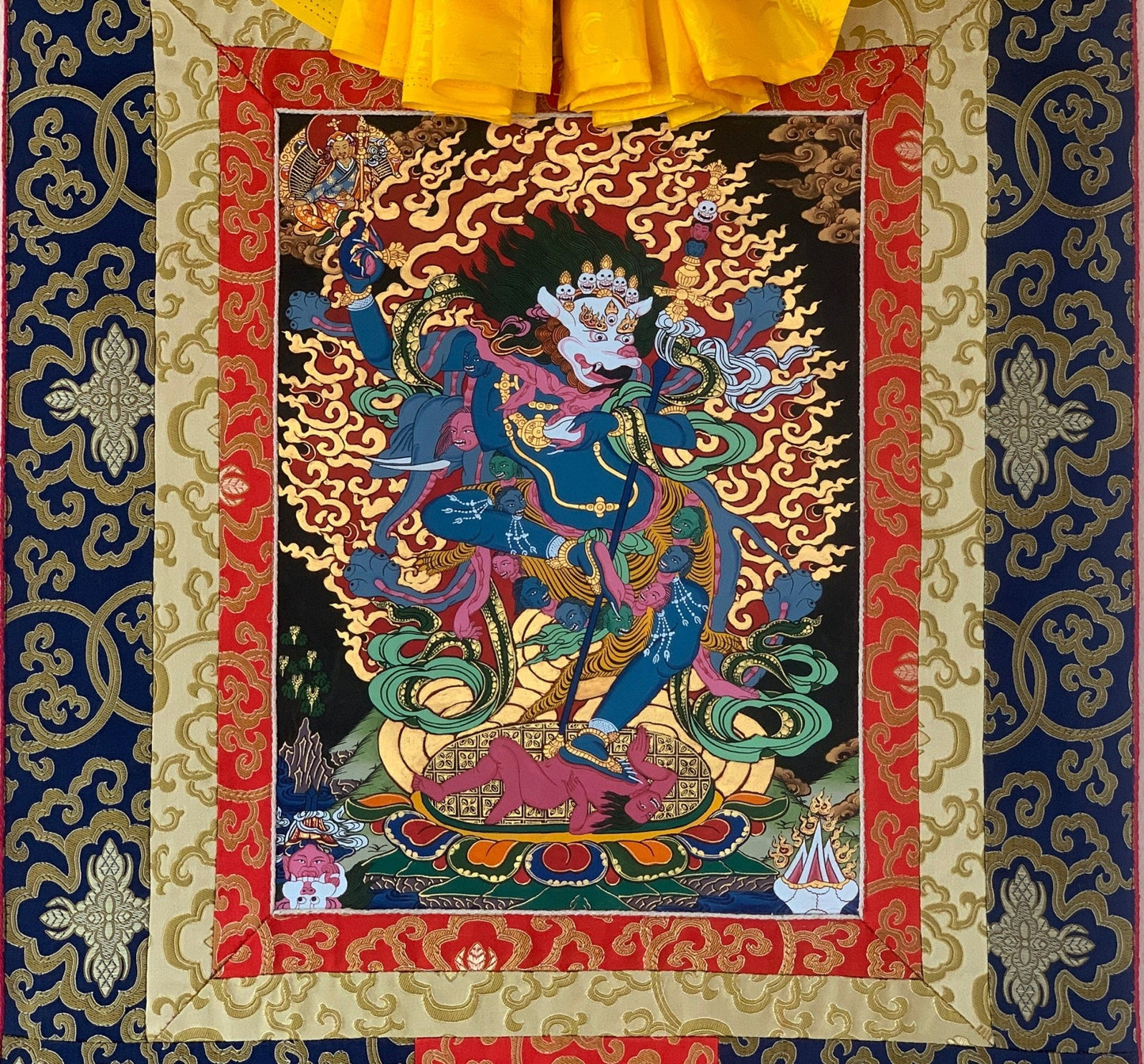 Hand - Painted Simhamukhi Yogini Lion - Faced Dakini Vajra Yogini Tibetan Thangka Painting Bordered with Silk - Tibetan Thangka Art