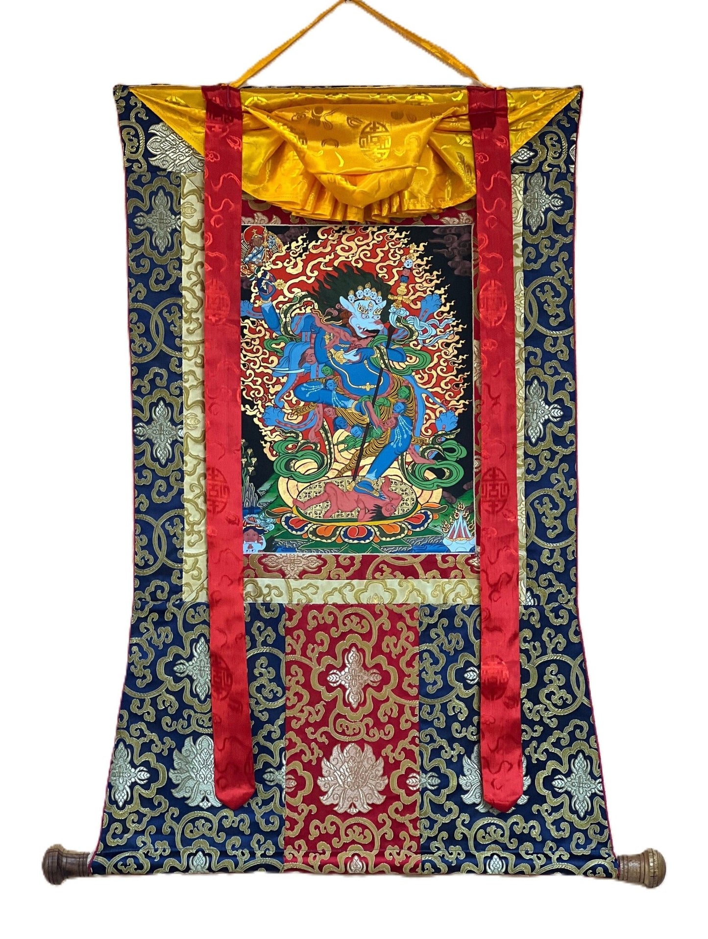 Hand - Painted Simhamukhi Yogini Lion - Faced Dakini Vajra Yogini Tibetan Thangka Painting Bordered with Silk - Tibetan Thangka Art
