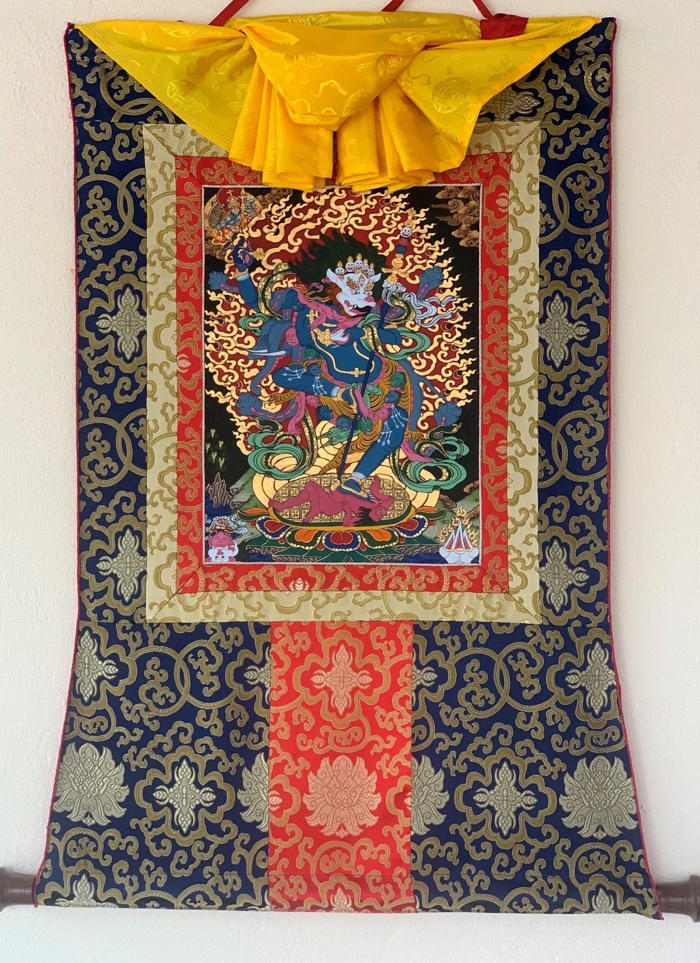 Hand - Painted Simhamukhi Yogini Lion - Faced Dakini Vajra Yogini Tibetan Thangka Painting Bordered with Silk - Tibetan Thangka Art