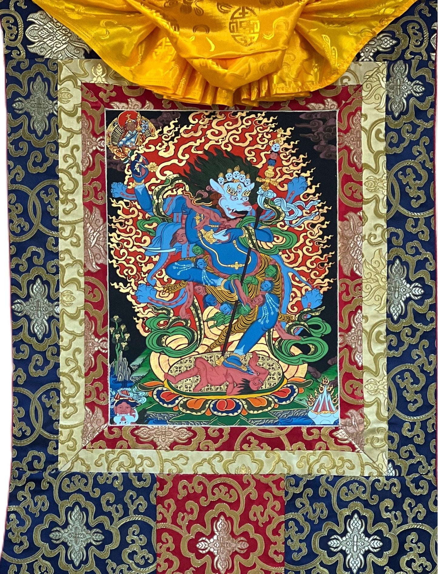 Hand - Painted Simhamukhi Yogini Lion - Faced Dakini Vajra Yogini Tibetan Thangka Painting Bordered with Silk - Tibetan Thangka Art