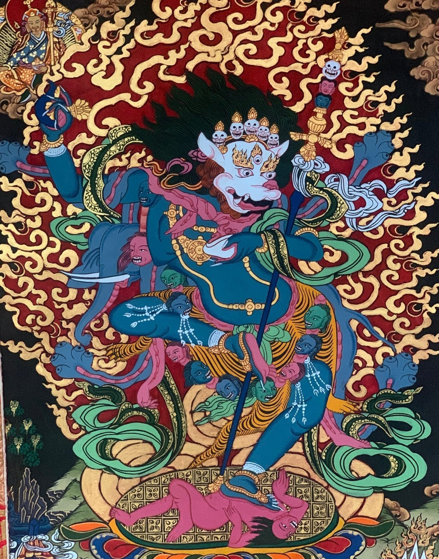 Hand - Painted Simhamukhi Yogini Lion - Faced Dakini Vajra Yogini Tibetan Thangka Painting Bordered with Silk - Tibetan Thangka Art
