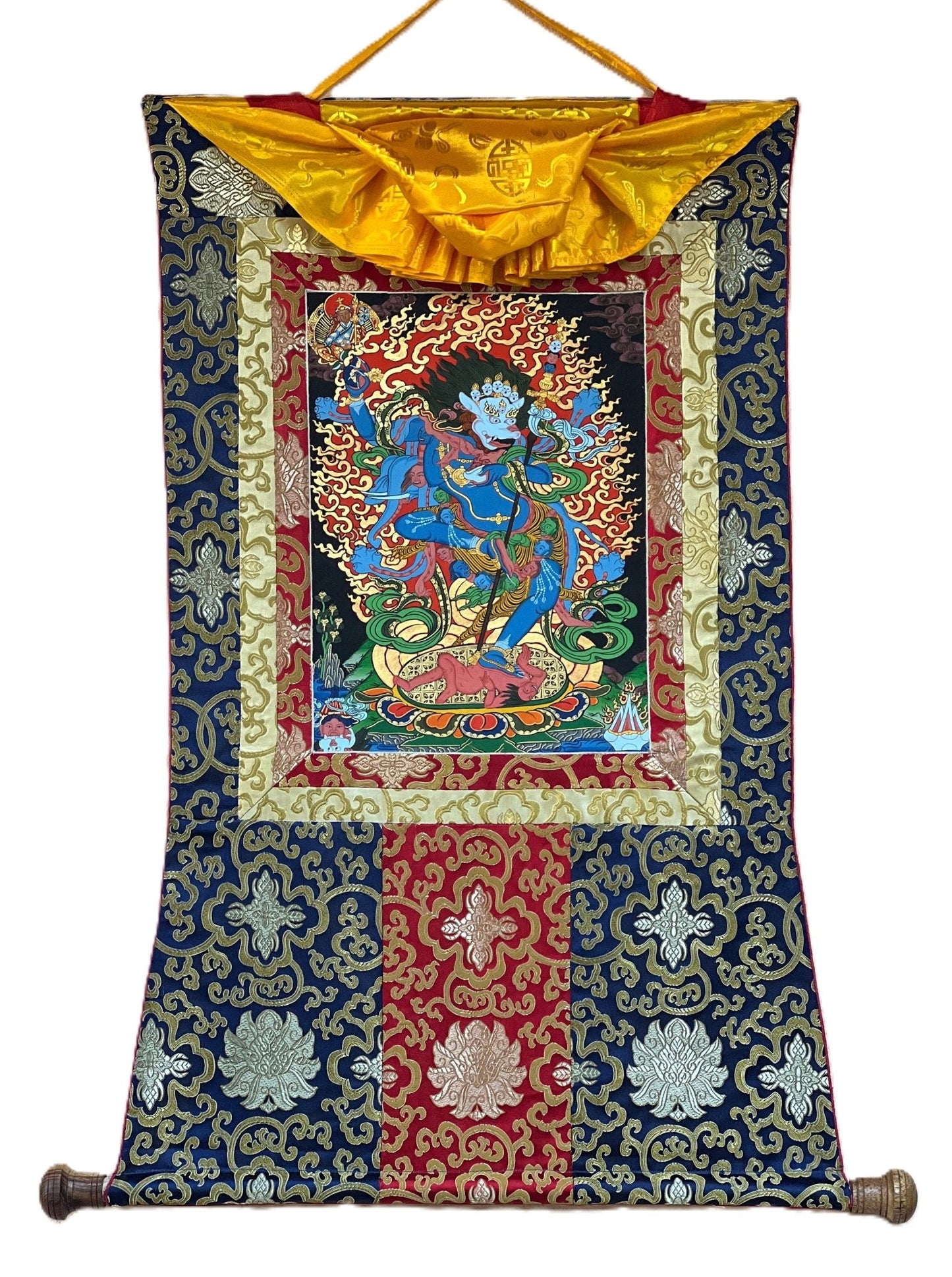 Hand - Painted Simhamukhi Yogini Lion - Faced Dakini Vajra Yogini Tibetan Thangka Painting Bordered with Silk - Tibetan Thangka Art