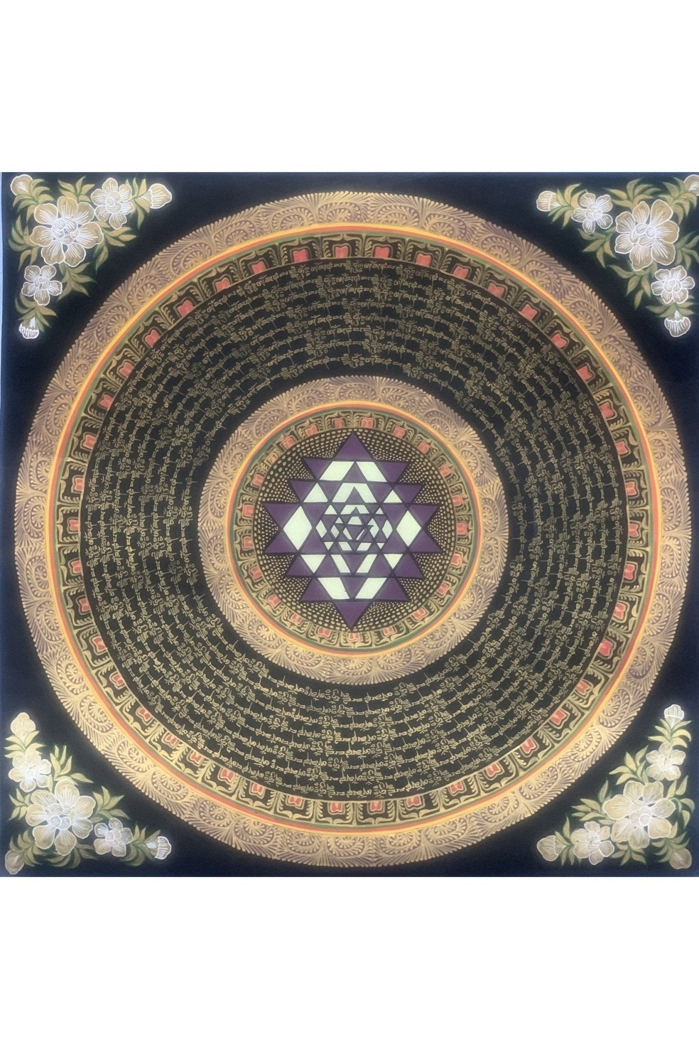 Hand Painted SriYantra Mantra Mandala, Wheel of Life, Meditation Thangka Painting, Original Art, Wall Hanging - Tibetan Thangka Art