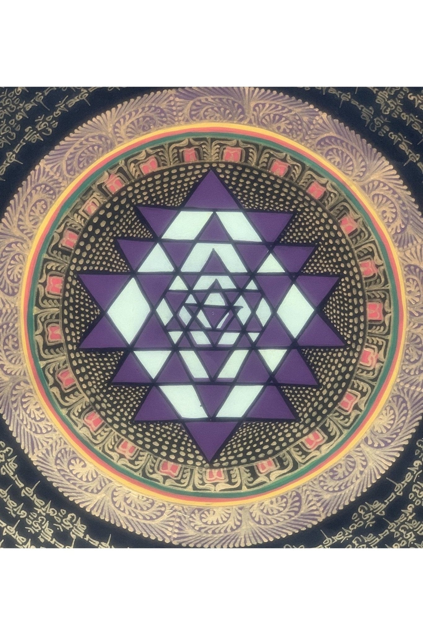 Hand Painted SriYantra Mantra Mandala, Wheel of Life, Meditation Thangka Painting, Original Art, Wall Hanging - Tibetan Thangka Art