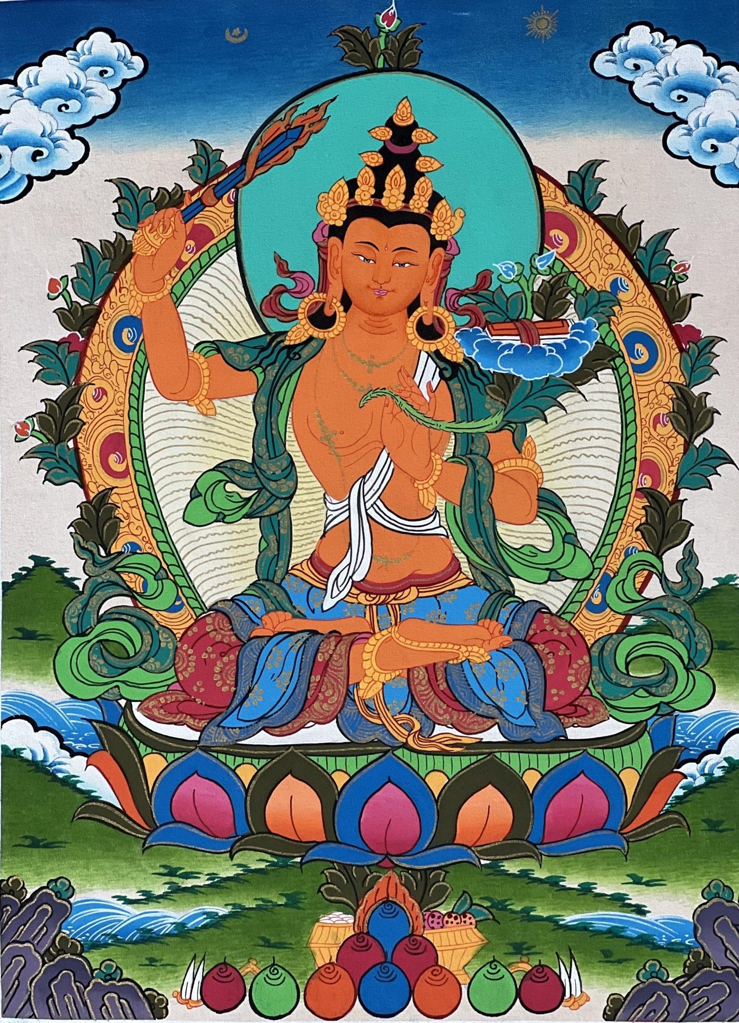 Hand - Painted Tibetan Thangka Art of Manjushri Bodhisattva of Compassion | Spiritual Decor for Home | Original Wall Art with Silk Brocade - Tibetan Thangka Art