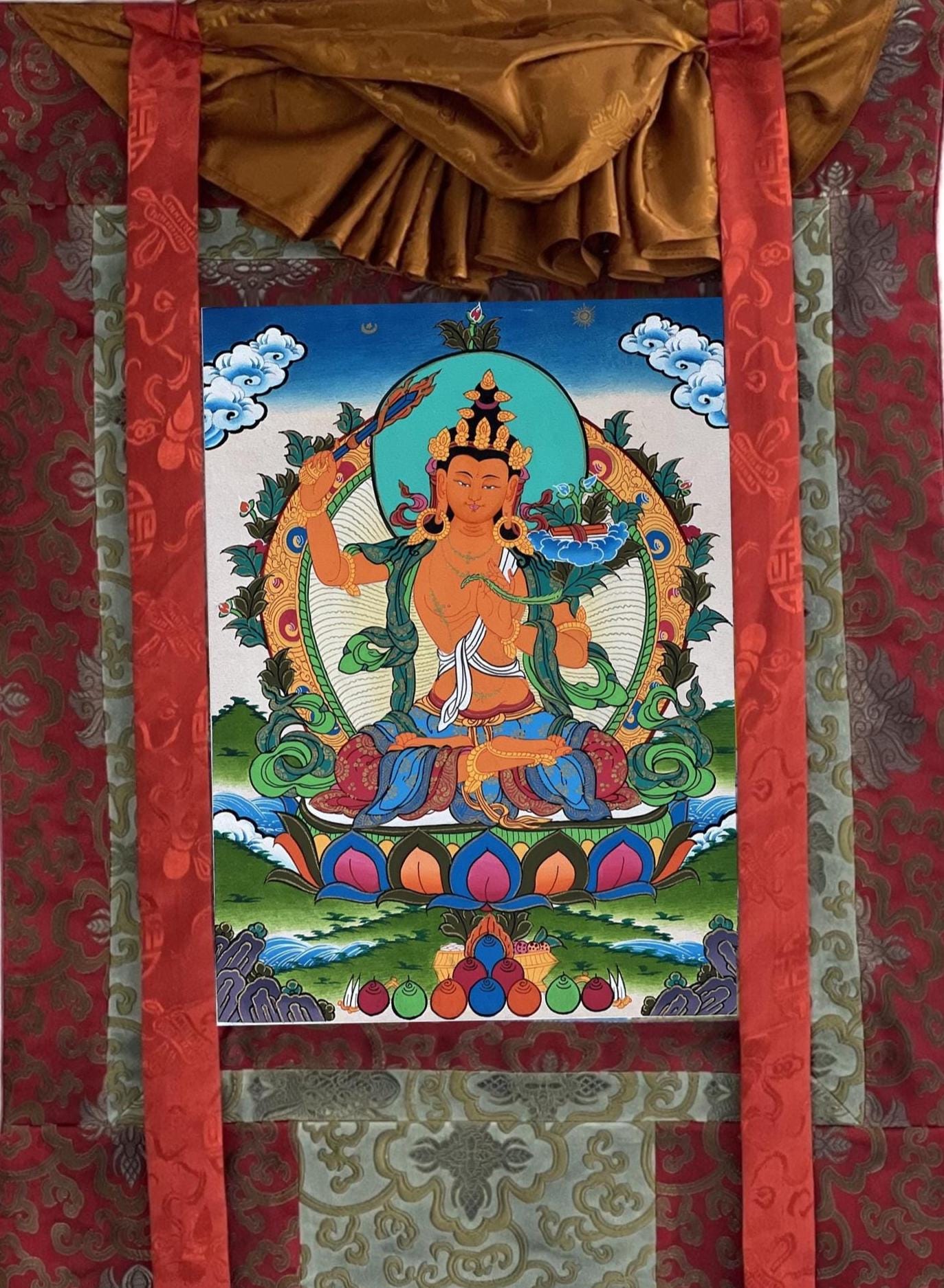 Hand - Painted Tibetan Thangka Art of Manjushri Bodhisattva of Compassion | Spiritual Decor for Home | Original Wall Art with Silk Brocade - Tibetan Thangka Art
