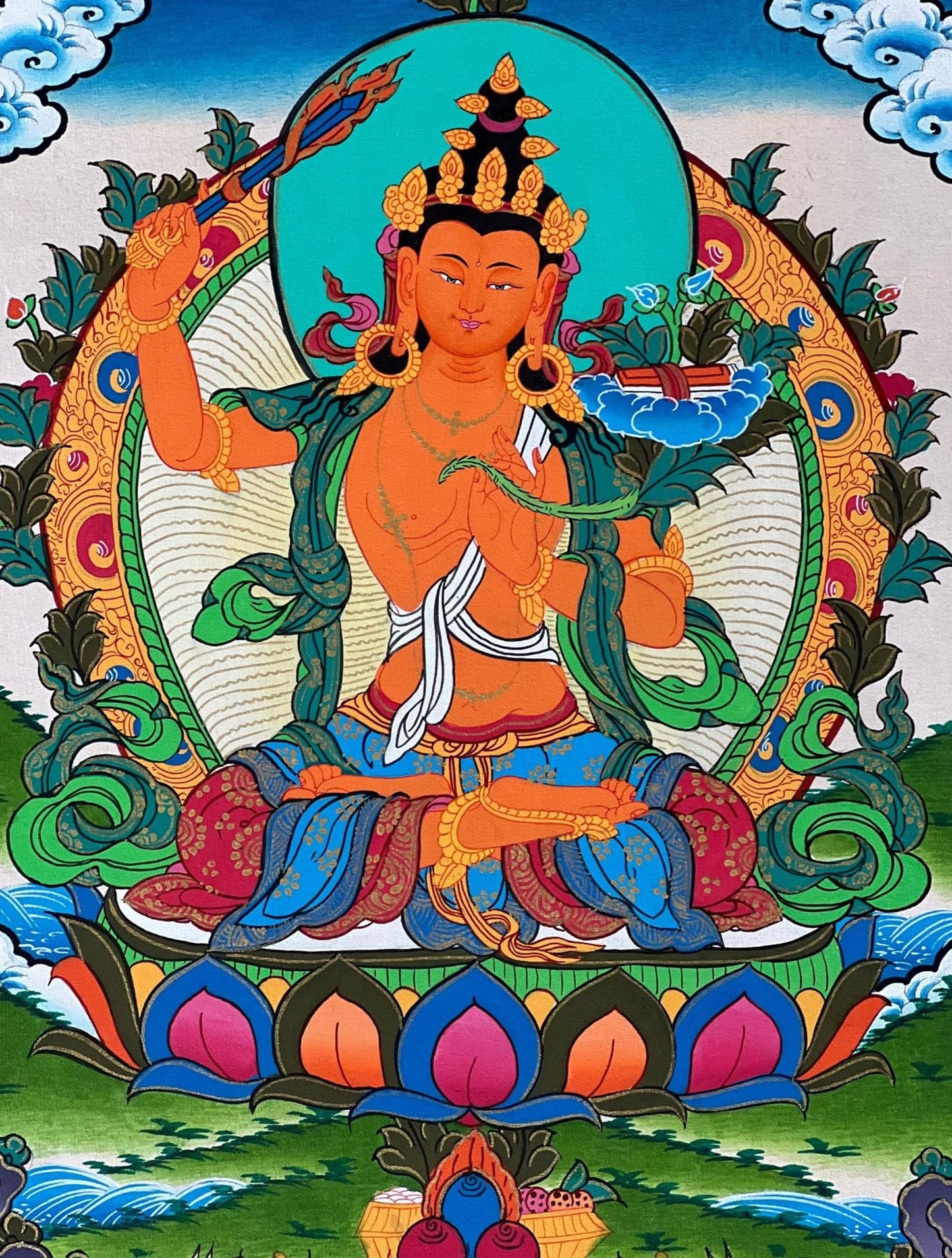 Hand - Painted Tibetan Thangka Art of Manjushri Bodhisattva of Compassion | Spiritual Decor for Home | Original Wall Art with Silk Brocade - Tibetan Thangka Art