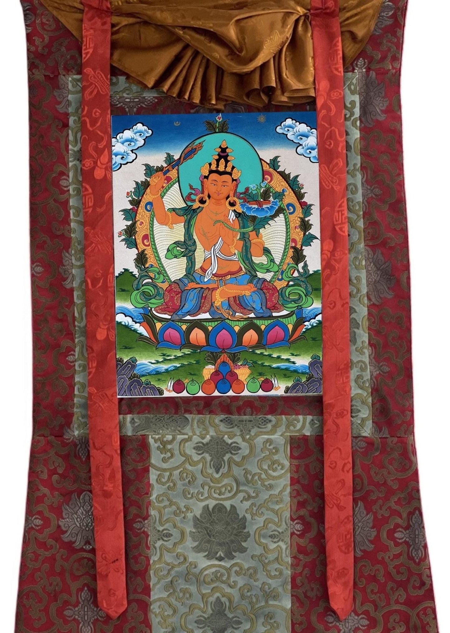 Hand - Painted Tibetan Thangka Art of Manjushri Bodhisattva of Compassion | Spiritual Decor for Home | Original Wall Art with Silk Brocade - Tibetan Thangka Art