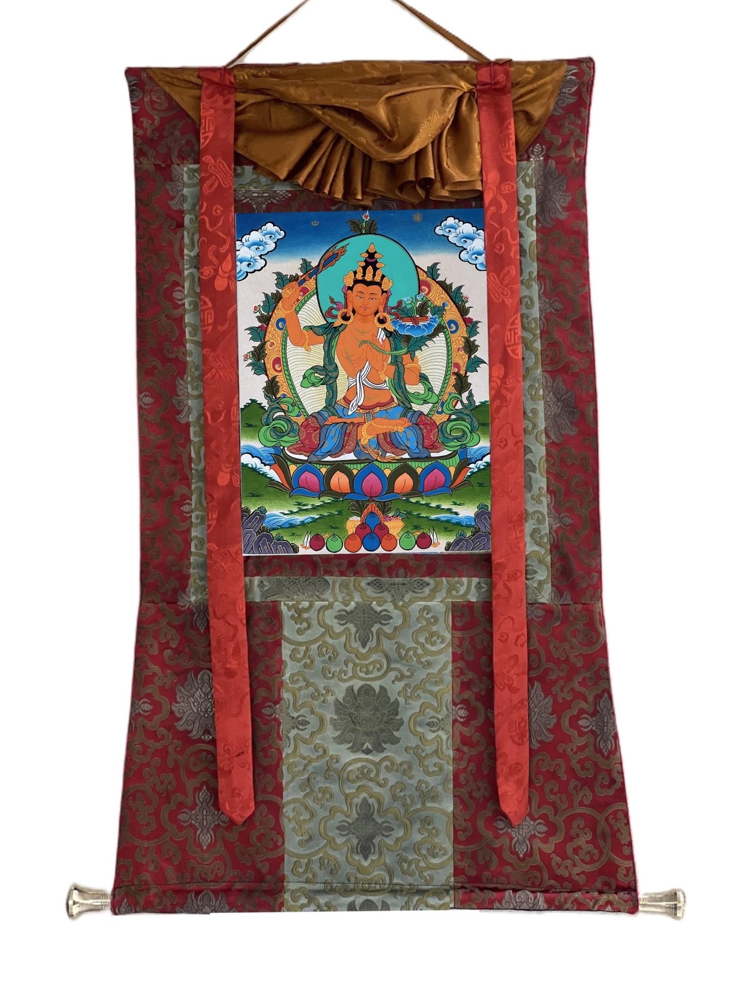 Hand - Painted Tibetan Thangka Art of Manjushri Bodhisattva of Compassion | Spiritual Decor for Home | Original Wall Art with Silk Brocade - Tibetan Thangka Art