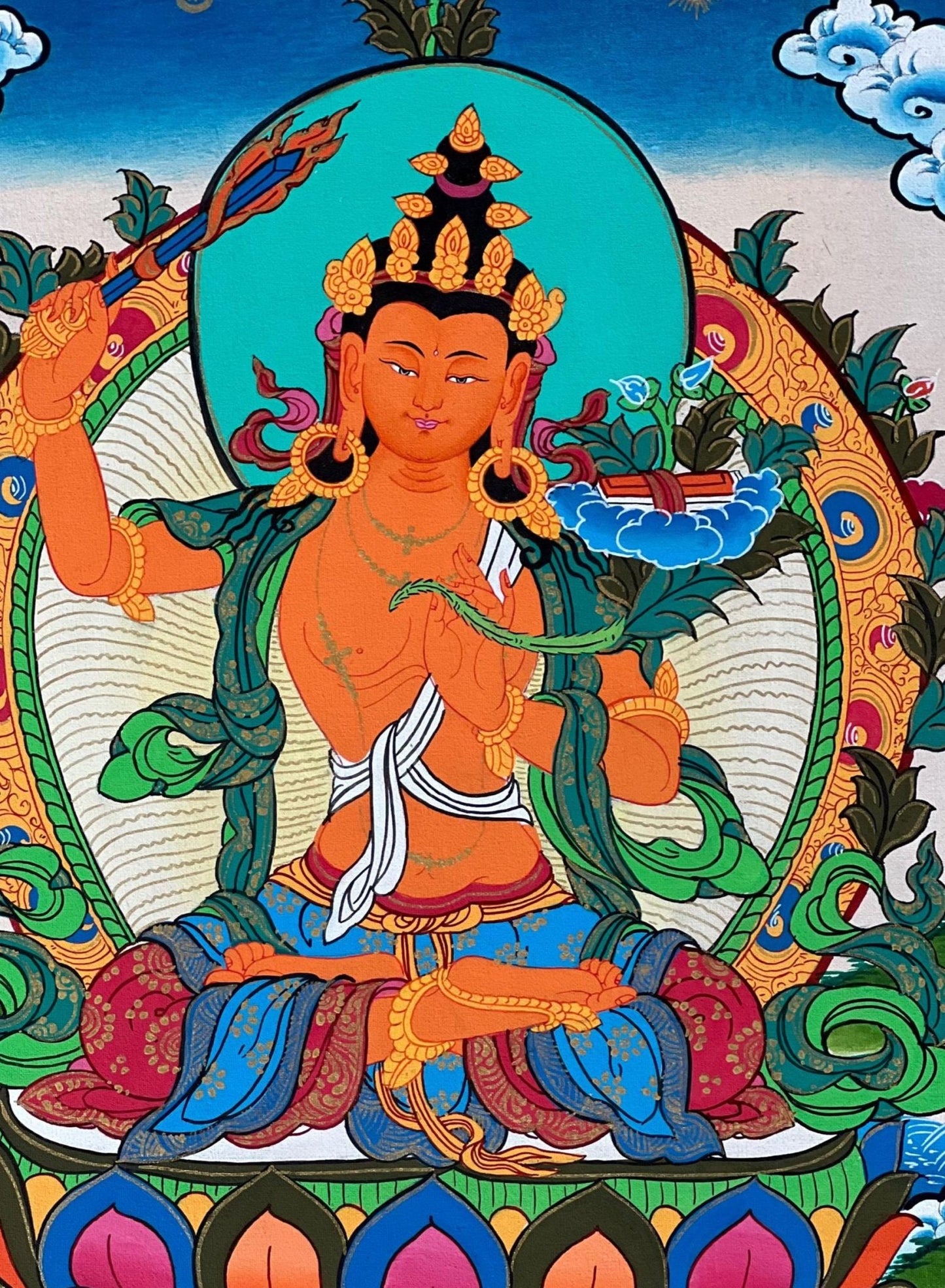 Hand - Painted Tibetan Thangka Art of Manjushri Bodhisattva of Compassion | Spiritual Decor for Home | Original Wall Art with Silk Brocade - Tibetan Thangka Art