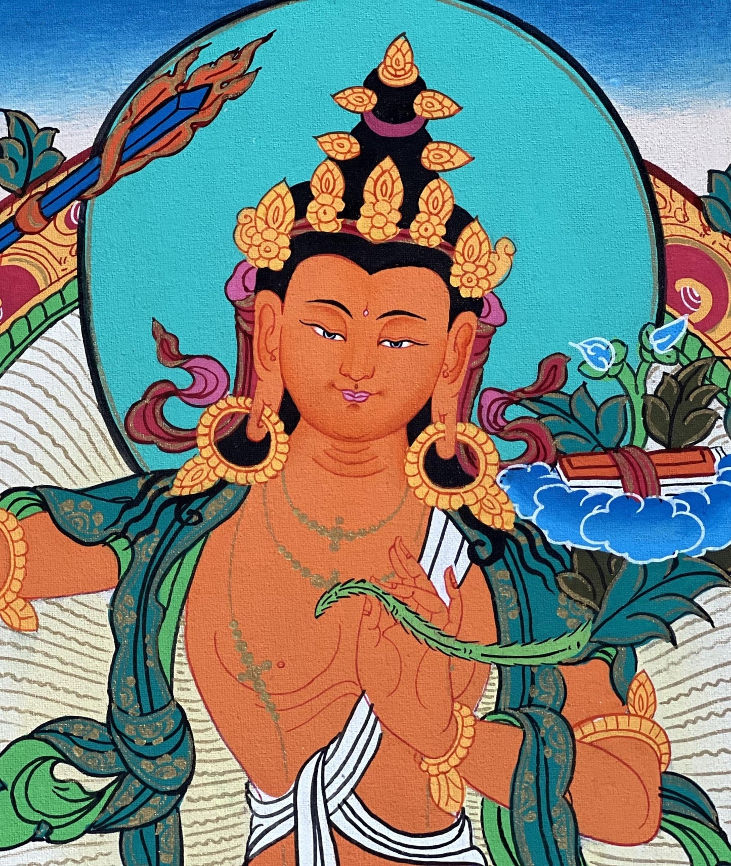 Hand - Painted Tibetan Thangka Art of Manjushri Bodhisattva of Compassion | Spiritual Decor for Home | Original Wall Art with Silk Brocade - Tibetan Thangka Art