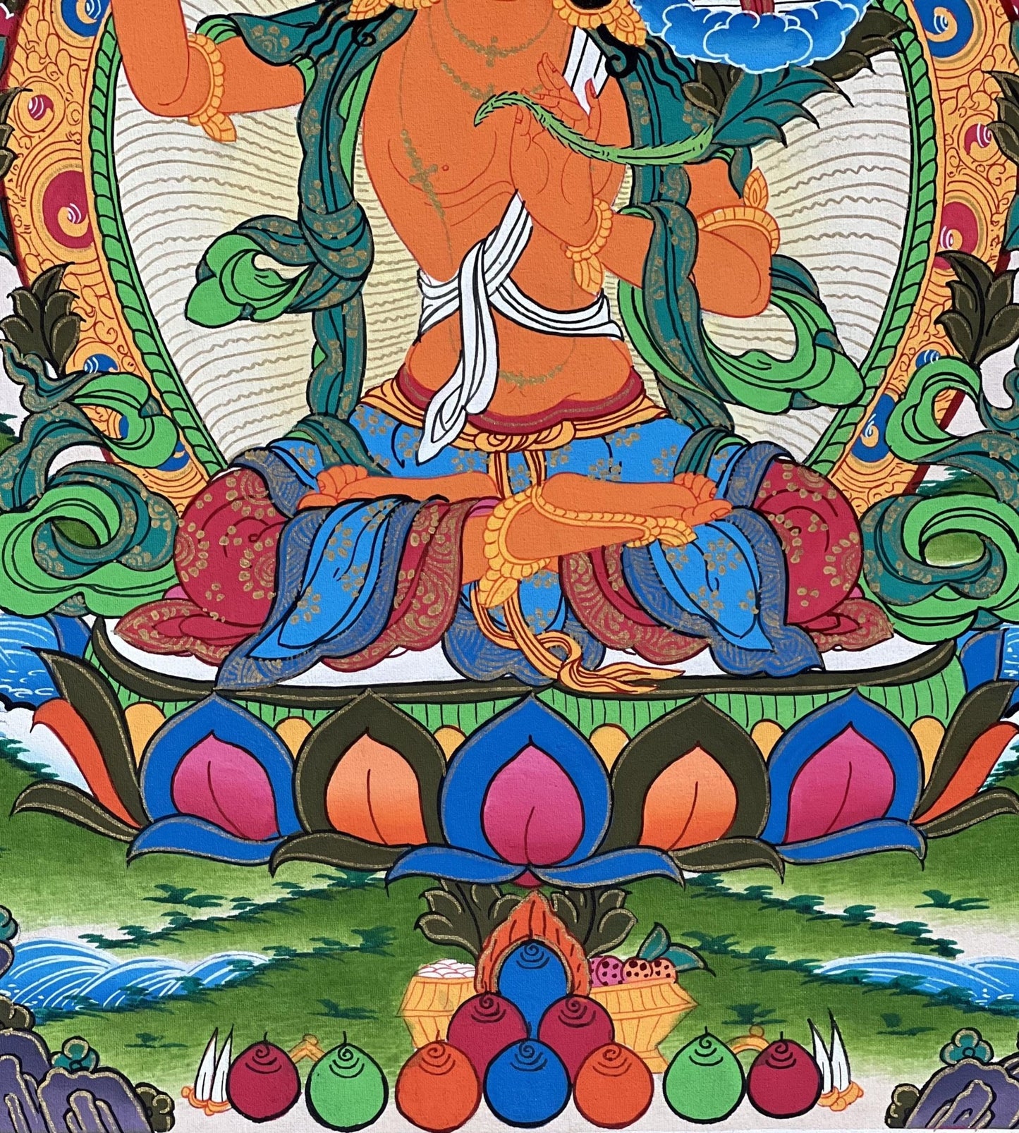 Hand - Painted Tibetan Thangka Art of Manjushri Bodhisattva of Compassion | Spiritual Decor for Home | Original Wall Art with Silk Brocade - Tibetan Thangka Art