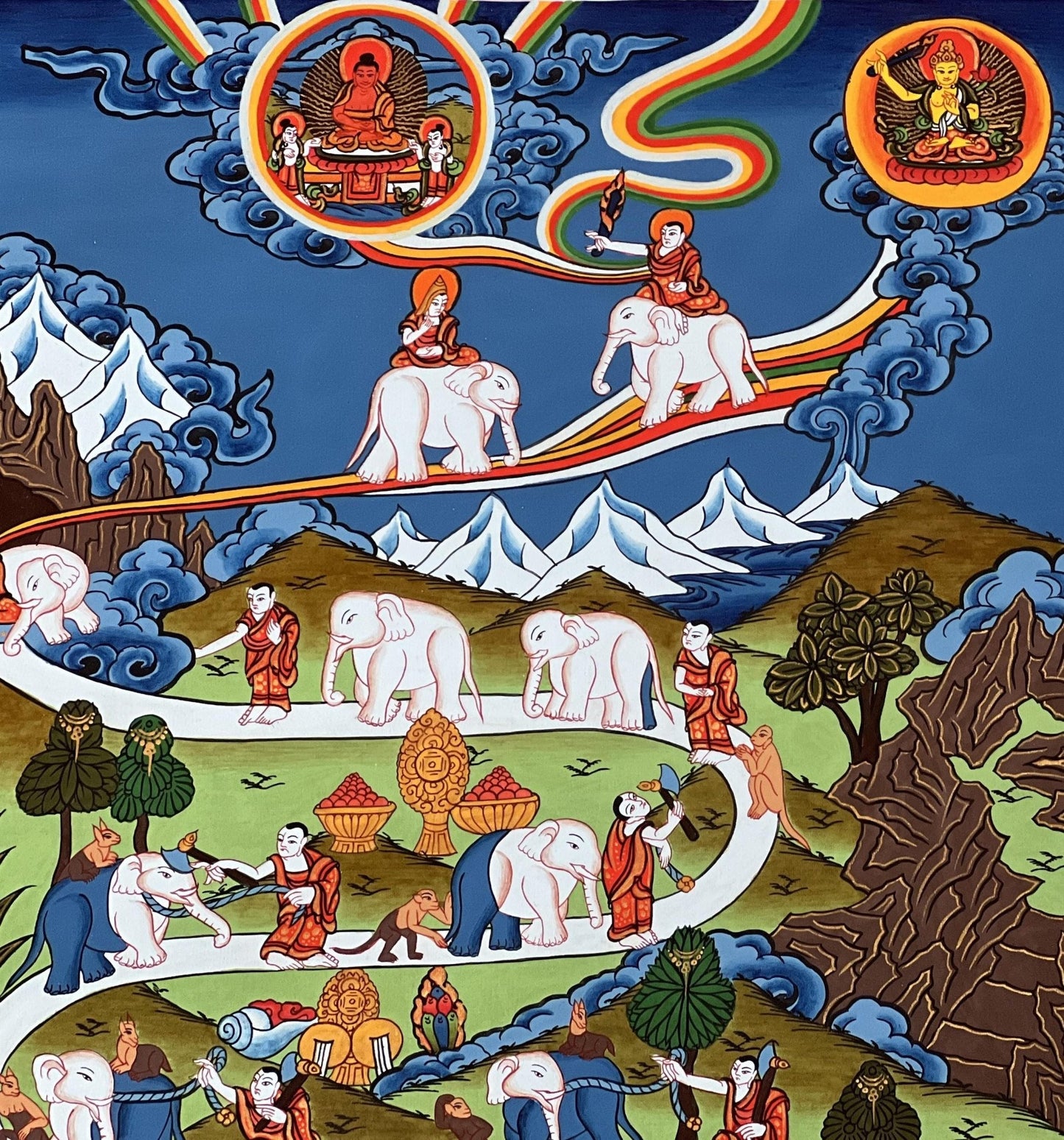 Hand - Painted Tibetan Thangka: Elephant Path, Samatha Meditation, Way to Heaven with Silk Brocade - A High - Quality Masterpiece for Meditation - Tibetan Thangka Art
