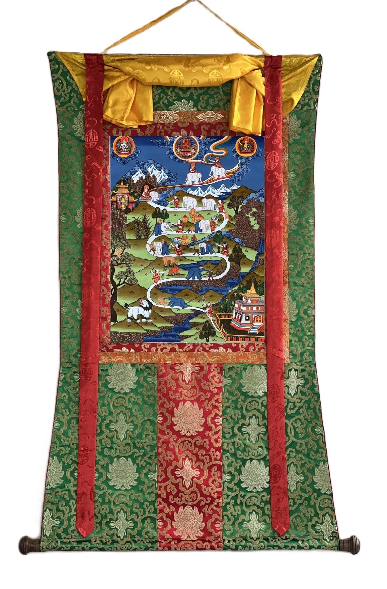 Hand - Painted Tibetan Thangka: Elephant Path, Samatha Meditation, Way to Heaven with Silk Brocade - A High - Quality Masterpiece for Meditation - Tibetan Thangka Art