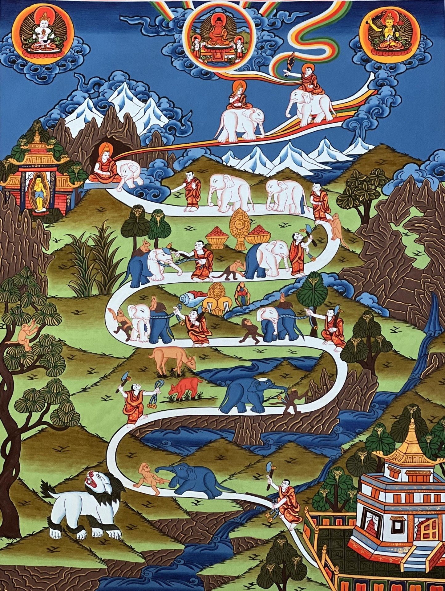 Hand - Painted Tibetan Thangka: Elephant Path, Samatha Meditation, Way to Heaven with Silk Brocade - A High - Quality Masterpiece for Meditation - Tibetan Thangka Art