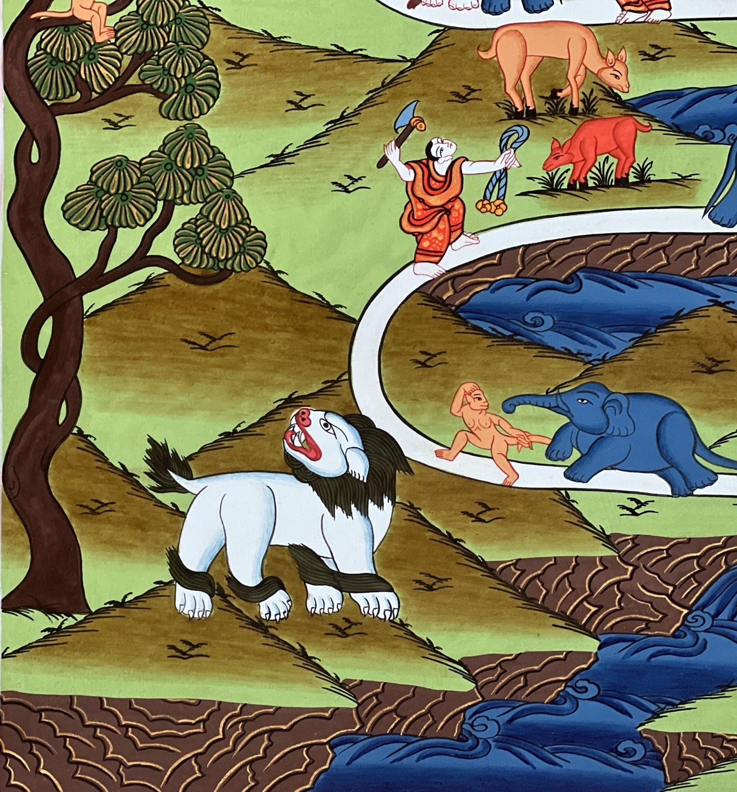 Hand - Painted Tibetan Thangka: Elephant Path, Samatha Meditation, Way to Heaven with Silk Brocade - A High - Quality Masterpiece for Meditation - Tibetan Thangka Art