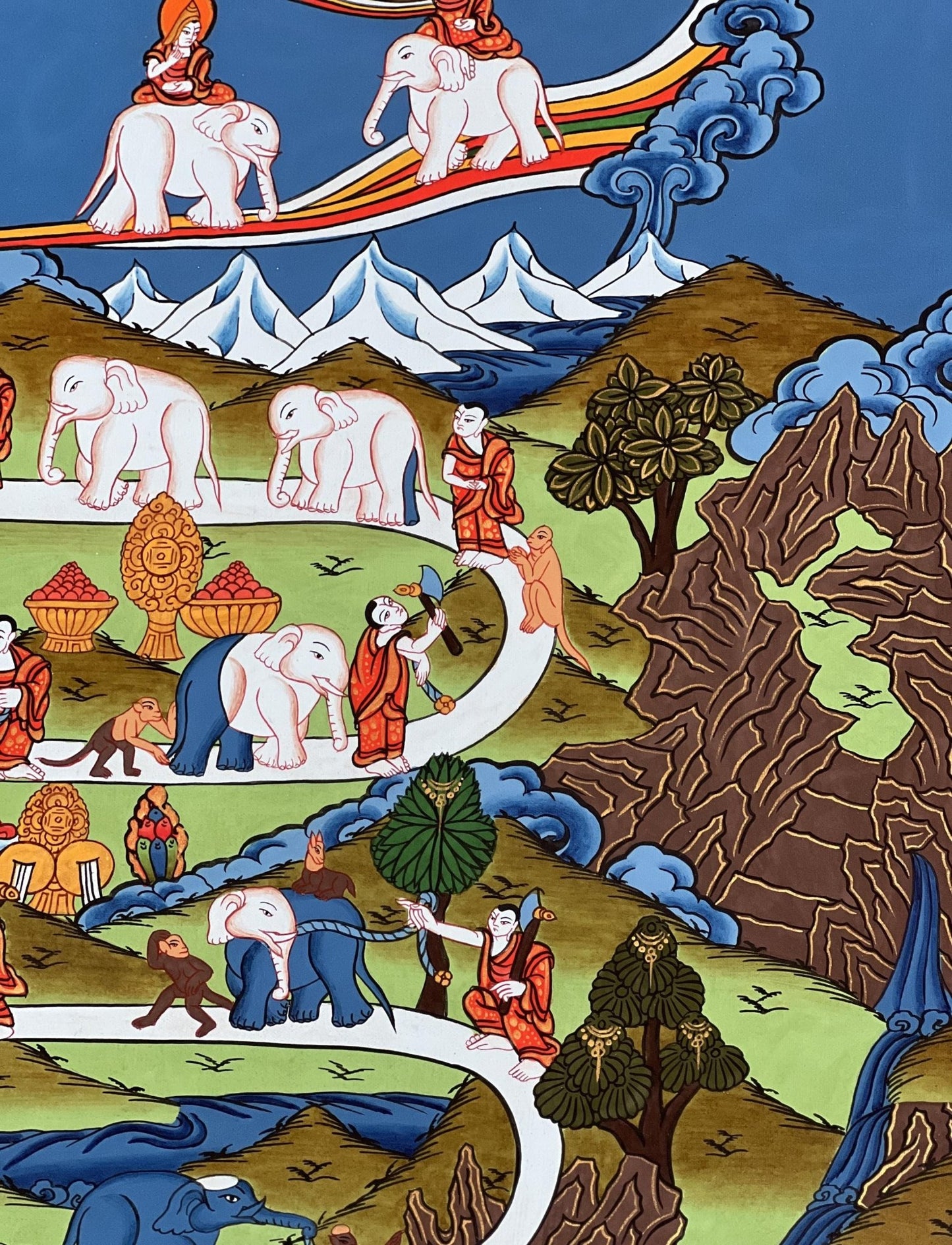 Hand - Painted Tibetan Thangka: Elephant Path, Samatha Meditation, Way to Heaven with Silk Brocade - A High - Quality Masterpiece for Meditation - Tibetan Thangka Art