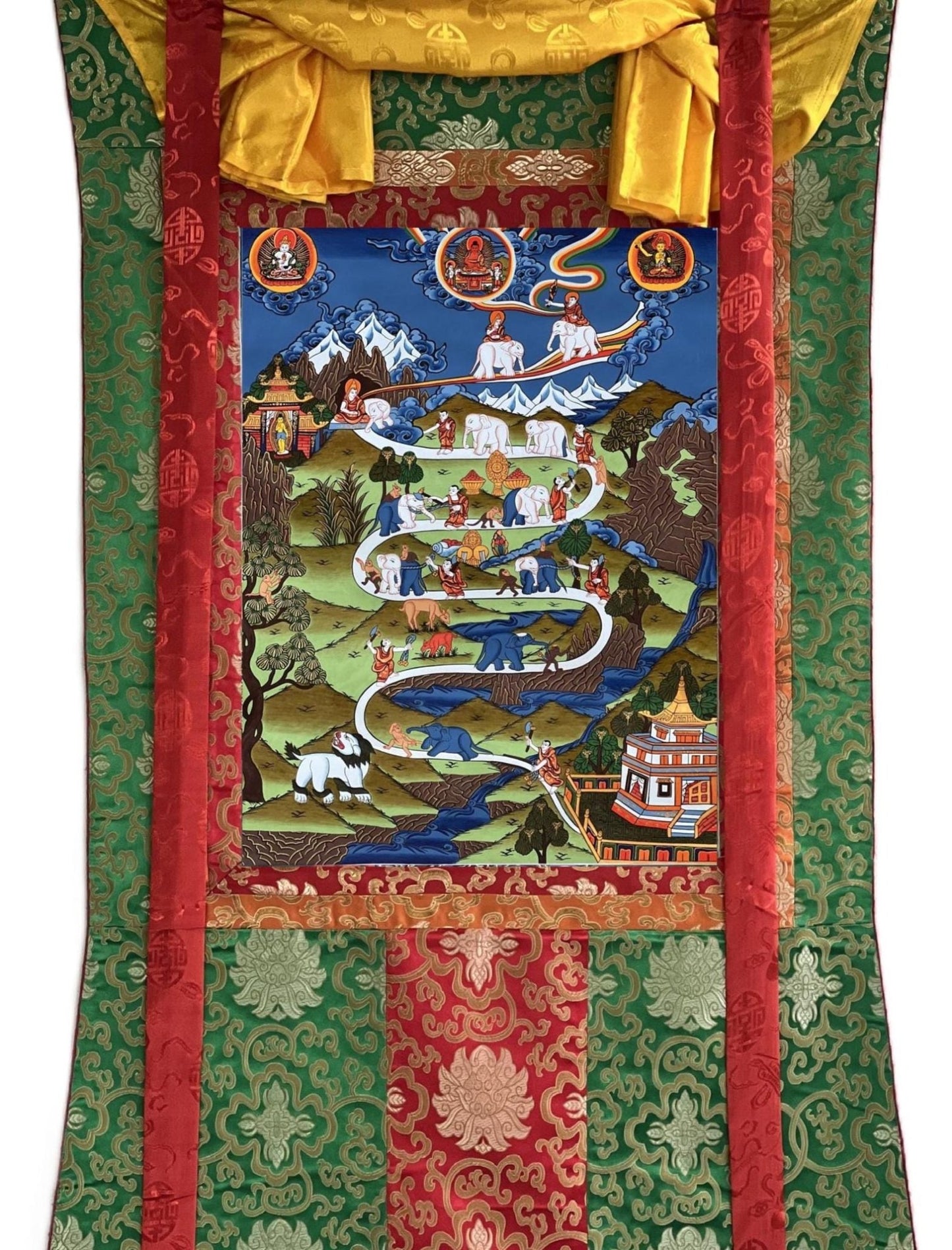 Hand - Painted Tibetan Thangka: Elephant Path, Samatha Meditation, Way to Heaven with Silk Brocade - A High - Quality Masterpiece for Meditation - Tibetan Thangka Art