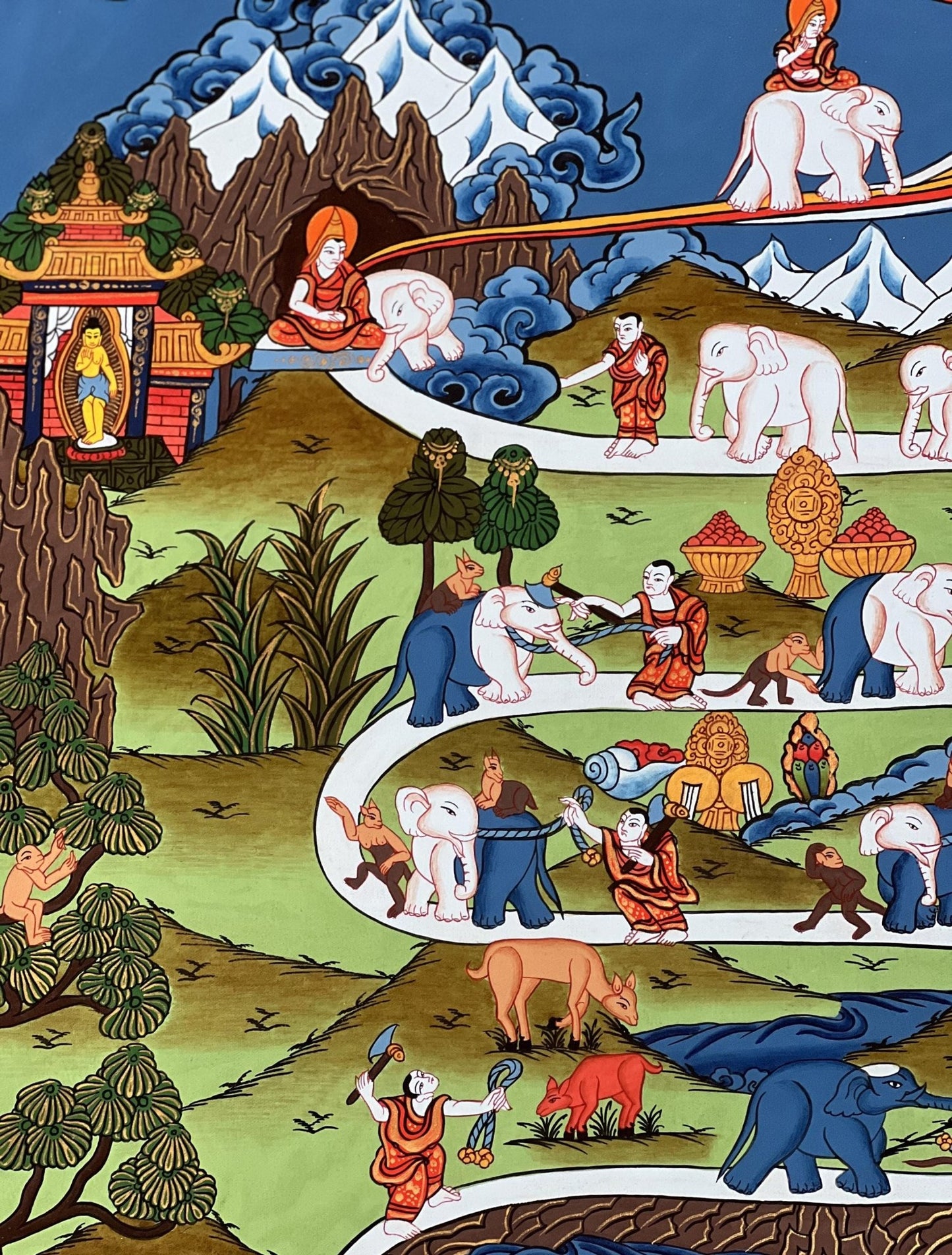 Hand - Painted Tibetan Thangka: Elephant Path, Samatha Meditation, Way to Heaven with Silk Brocade - A High - Quality Masterpiece for Meditation - Tibetan Thangka Art