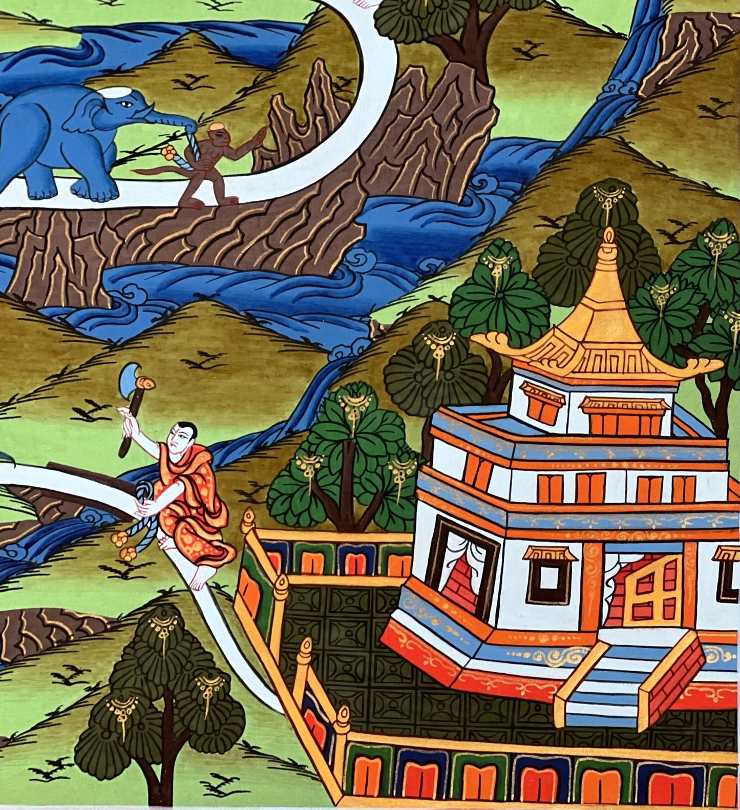 Hand - Painted Tibetan Thangka: Elephant Path, Samatha Meditation, Way to Heaven with Silk Brocade - A High - Quality Masterpiece for Meditation - Tibetan Thangka Art