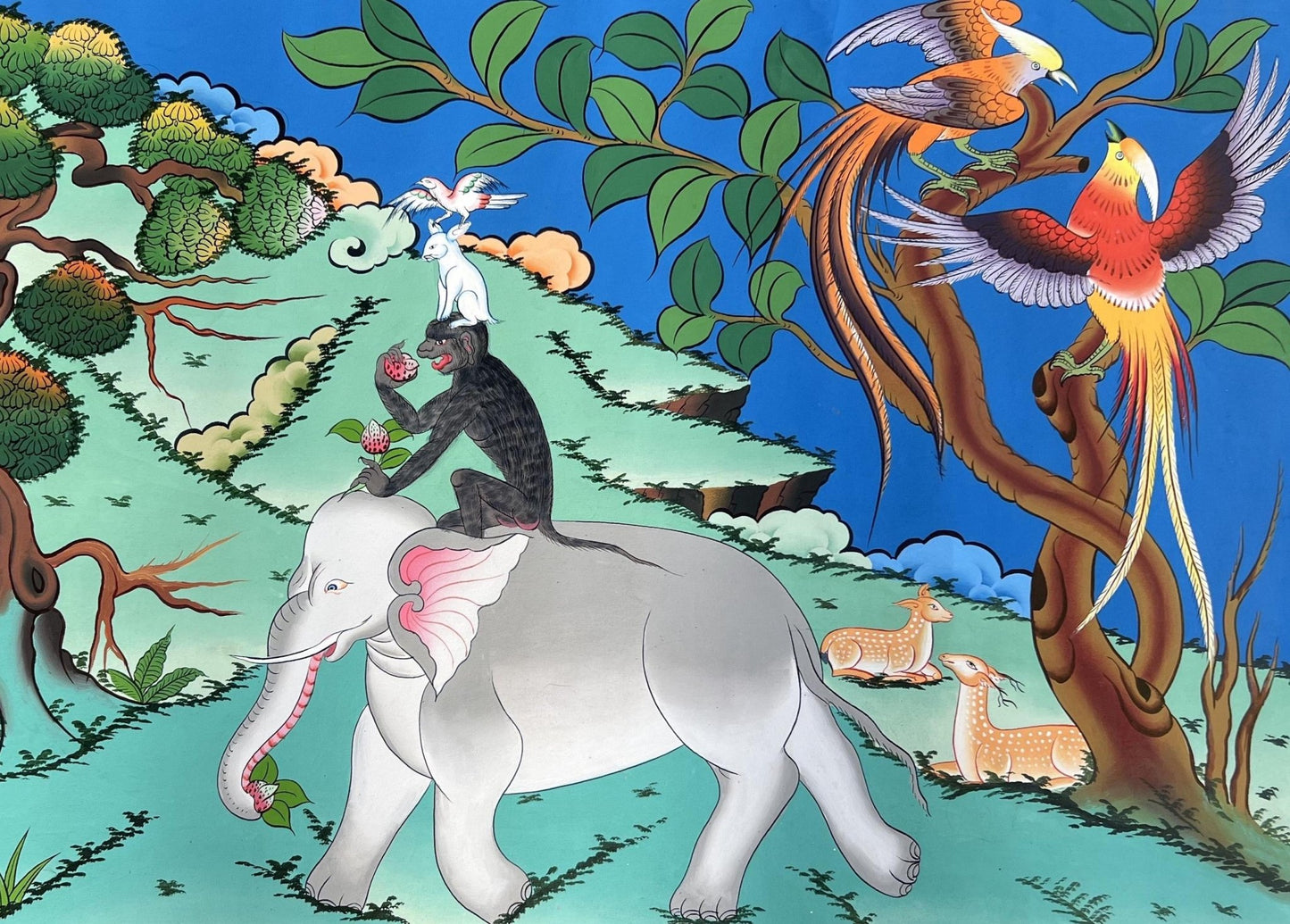 Hand - Painted Tibetan Thangka Painting - Four Harmonious Friends for Good Luck and Family Harmony - Large Wall Art Decor, Masterpiece Art - Tibetan Thangka Art