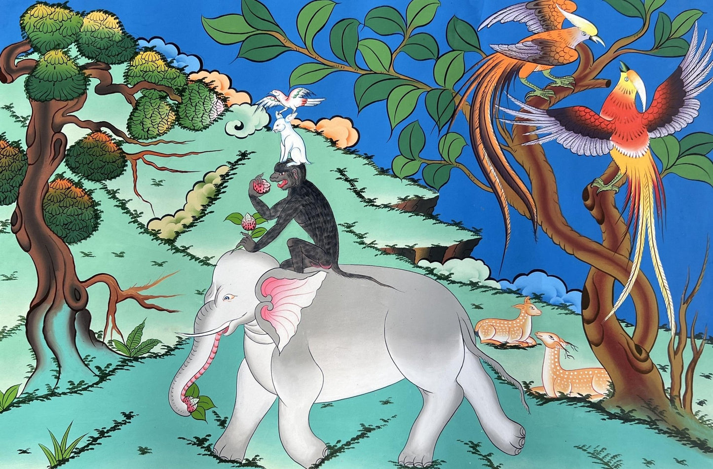 Hand - Painted Tibetan Thangka Painting - Four Harmonious Friends for Good Luck and Family Harmony - Large Wall Art Decor, Masterpiece Art - Tibetan Thangka Art