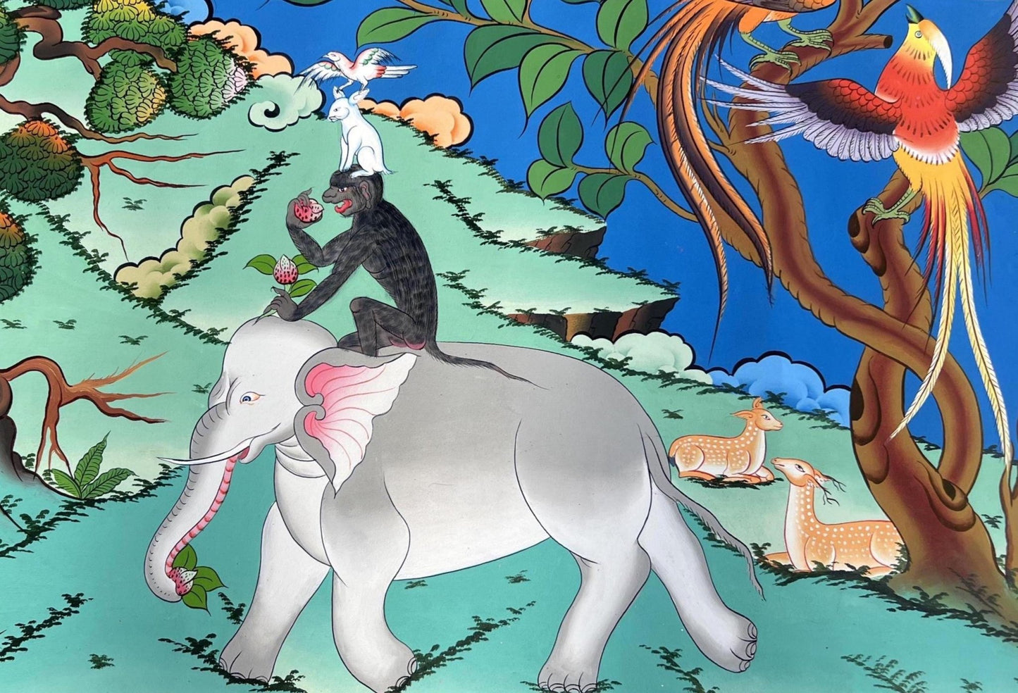 Hand - Painted Tibetan Thangka Painting - Four Harmonious Friends for Good Luck and Family Harmony - Large Wall Art Decor, Masterpiece Art - Tibetan Thangka Art